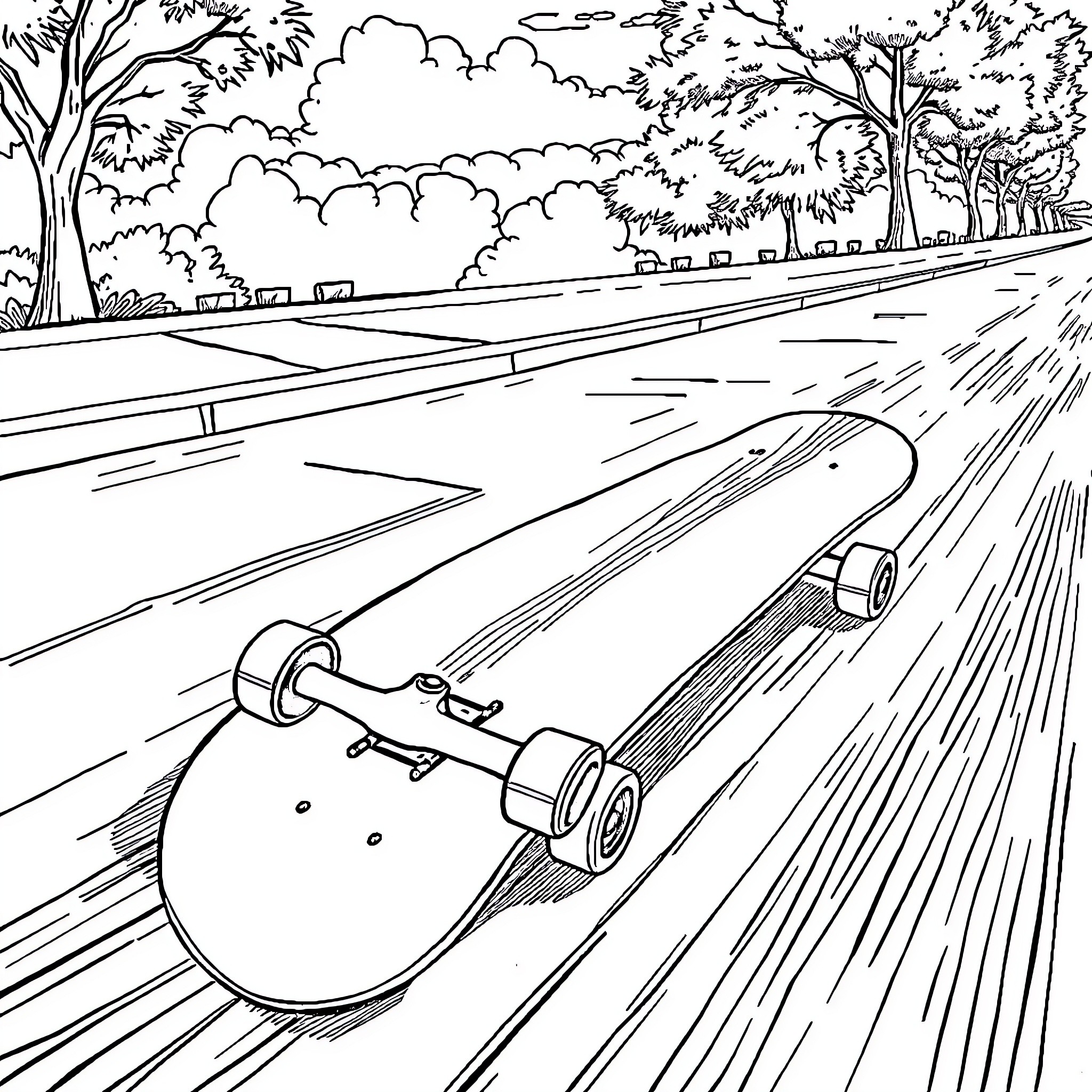 Skate speeding along road through scenic landscape Coloring Page (free black-and-white line drawing printable PDF for all, from beginners to advanced learners, including children, teens, adults, and seniors)
