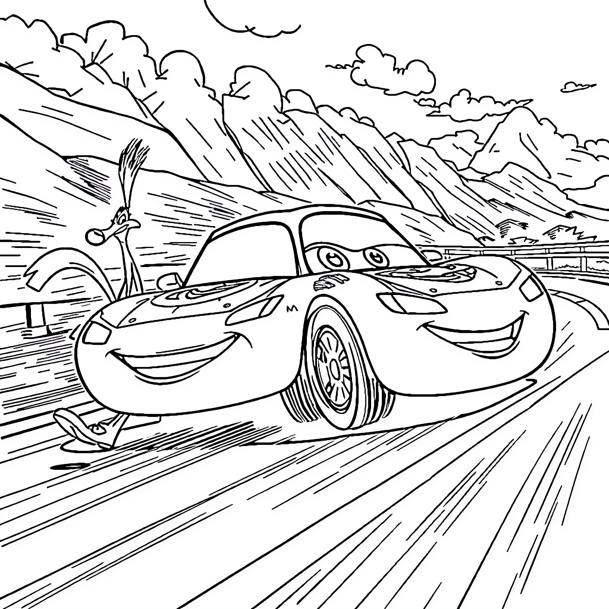 Lightning McQueen racing through a winding road Coloring Page (free black-and-white line drawing printable PDF for all, from beginners to advanced learners, including children, teens, adults, and seniors)