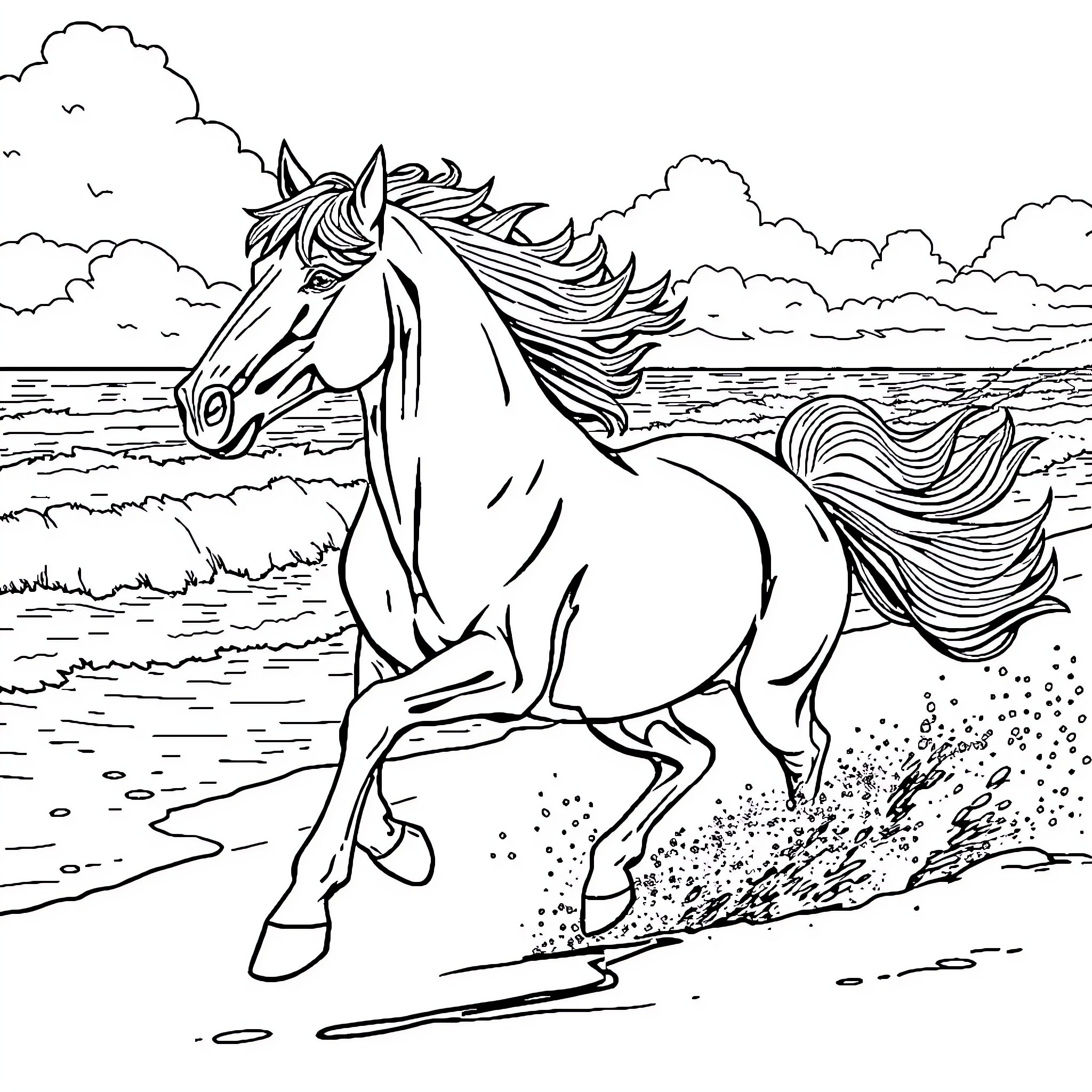 Horse galloping along the shoreline Coloring Page (free black-and-white line drawing printable PDF for all, from beginners to advanced learners, including children, teens, adults, and seniors)