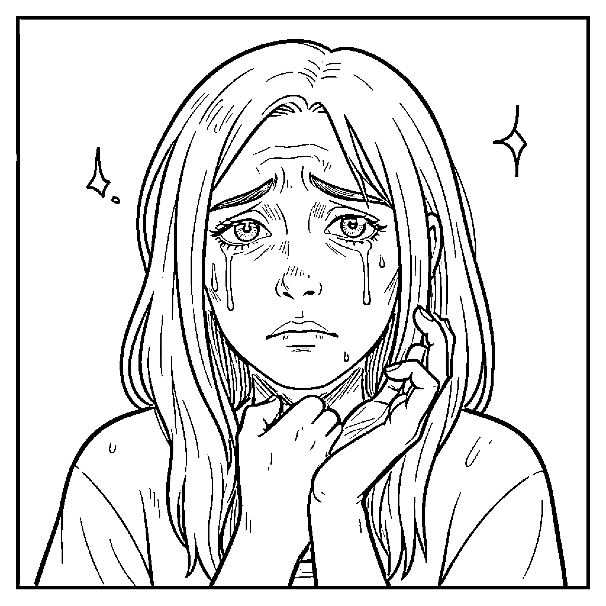 I’m Not Ok, a girl crying with sadness Coloring Page (free black-and-white line drawing printable PDF for all, from beginners to advanced learners, including children, teens, adults, and seniors)