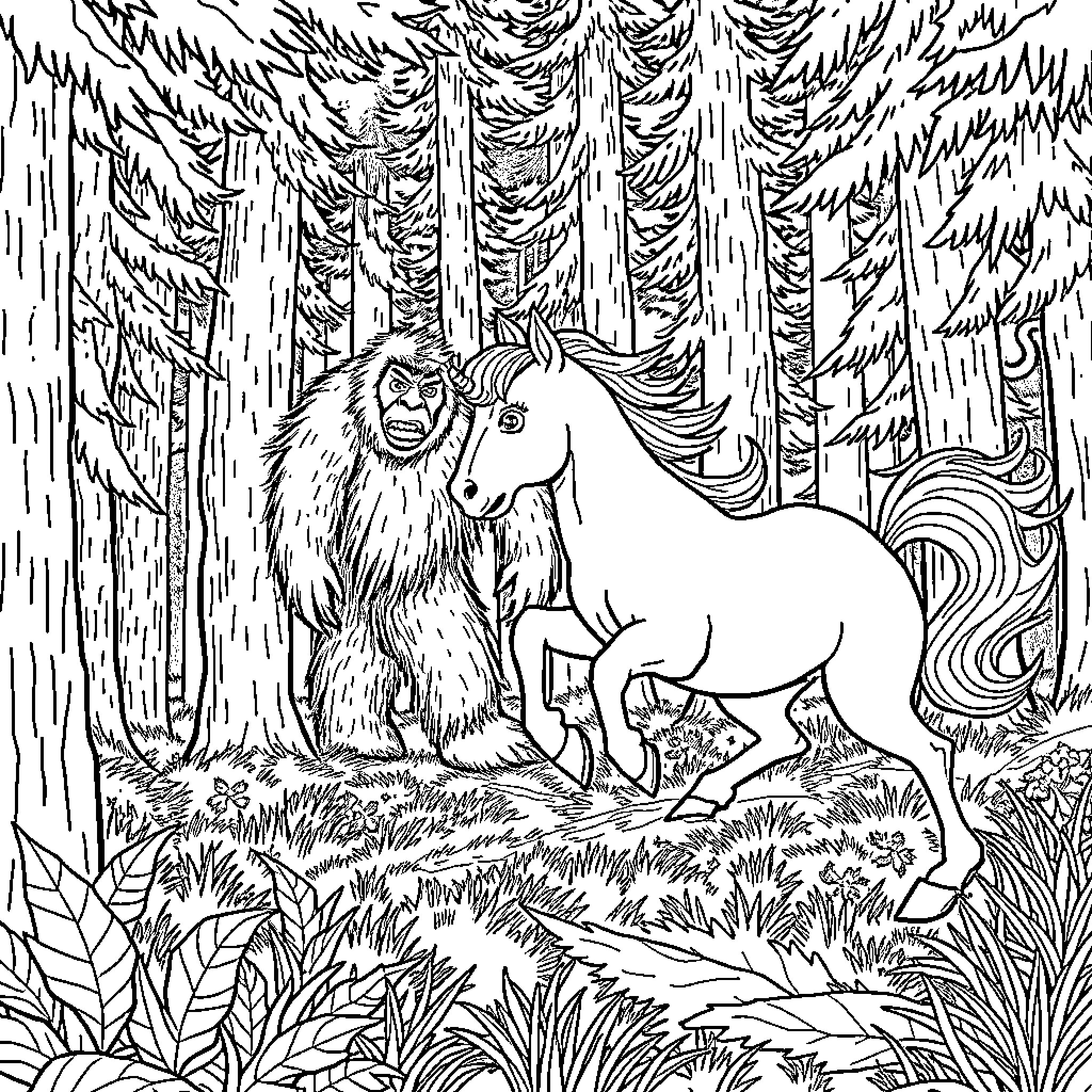 Unicorn Encountering Ferocious Beast in Enchanted Forest Coloring Page (free black-and-white line drawing printable PDF for all, from beginners to advanced learners, including children, teens, adults, and seniors)