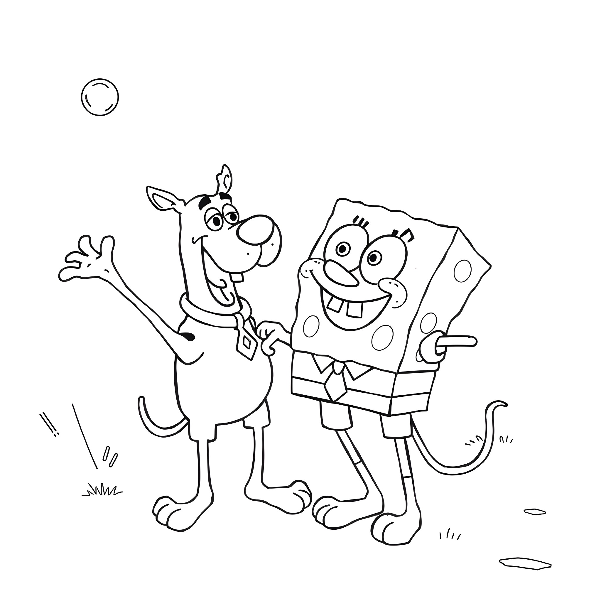 Spongebob and his friend playing together happily Coloring Page (free black-and-white line drawing printable PDF for all, from beginners to advanced learners, including children, teens, adults, and seniors)