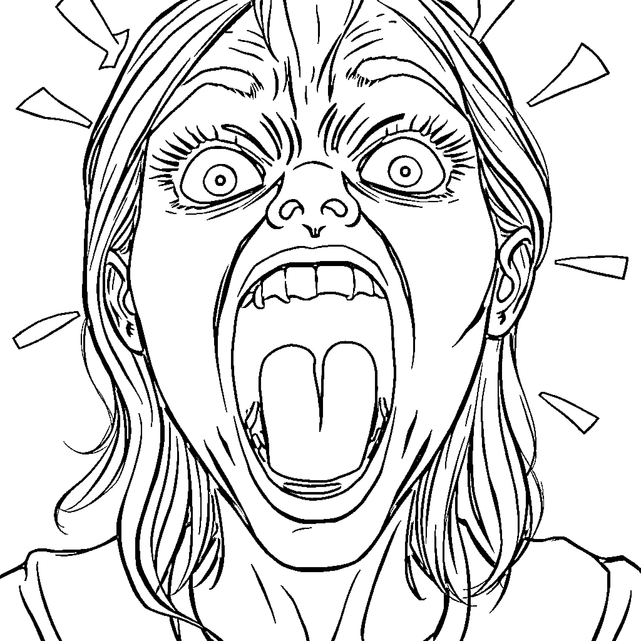 Woman with exaggerated facial expression of surprise and fear Coloring Page (free black-and-white line drawing printable PDF for all, from beginners to advanced learners, including children, teens, adults, and seniors)
