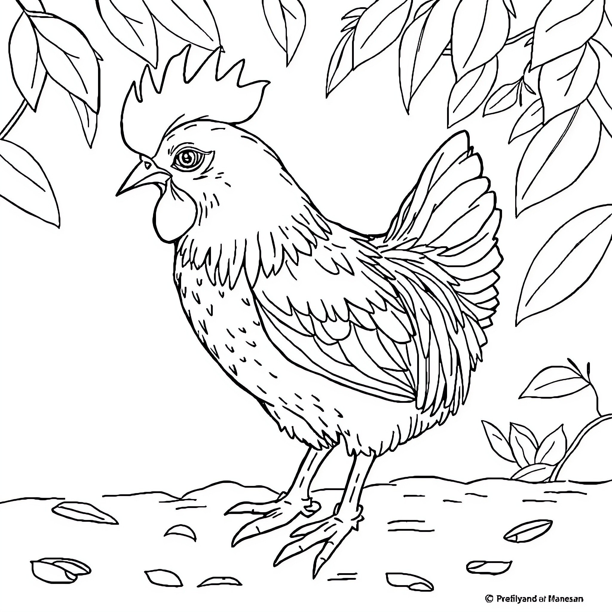 Chick amidst lush foliage Coloring Page (free black-and-white line drawing printable PDF for all, from beginners to advanced learners, including children, teens, adults, and seniors)