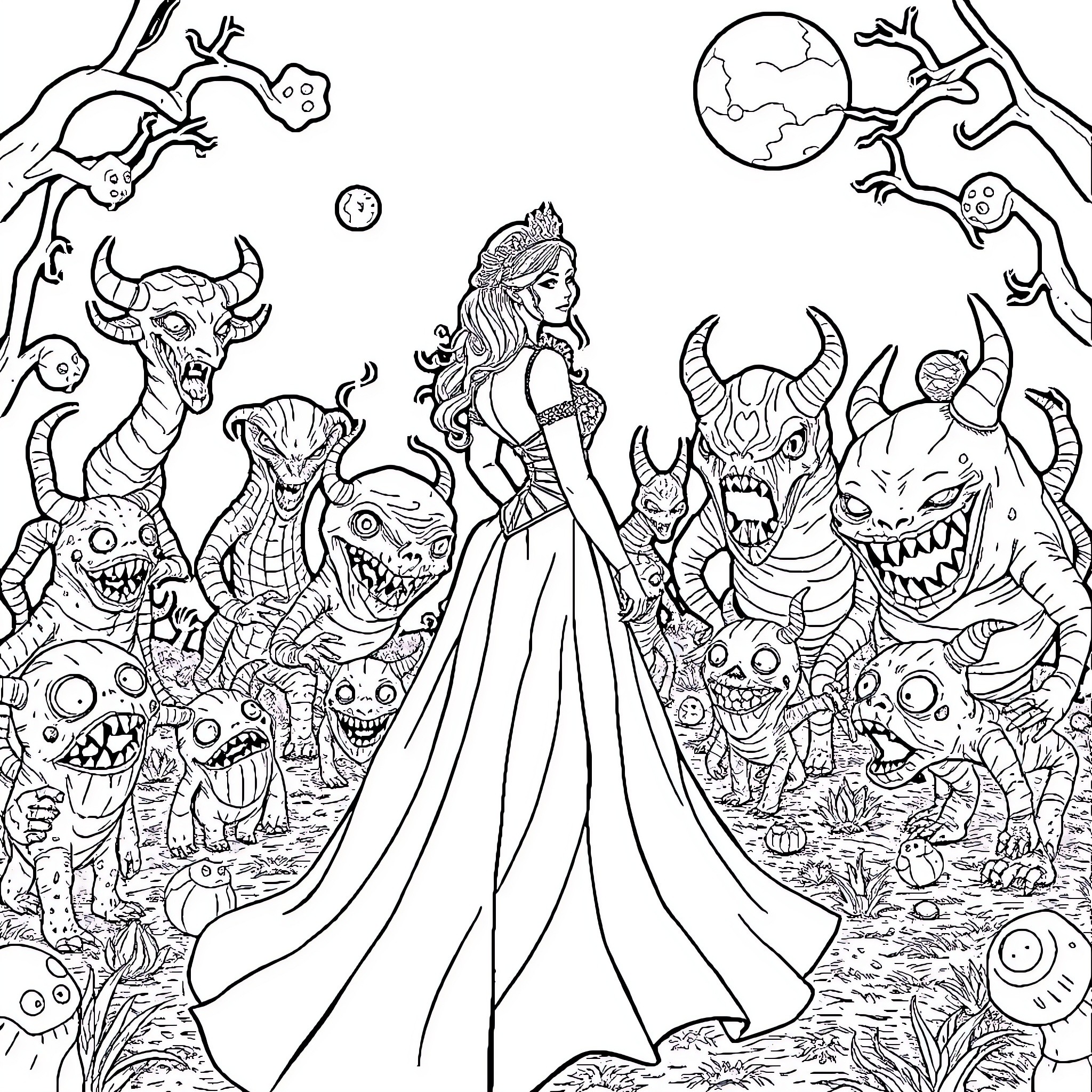 Woman in fantasy world surrounded by mythical creatures Coloring Page (free black-and-white line drawing printable PDF for all, from beginners to advanced learners, including children, teens, adults, and seniors)
