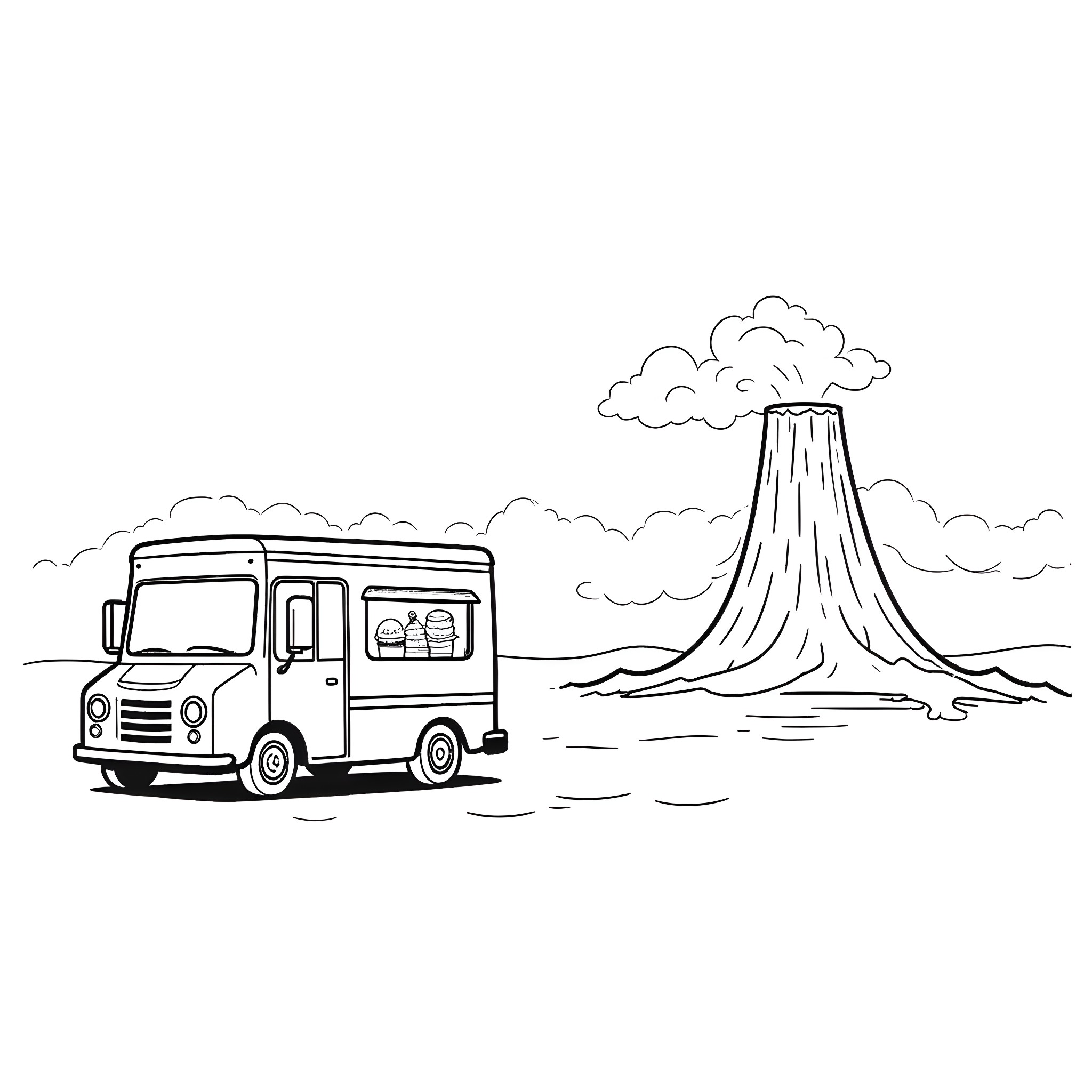 Ice Cream Truck Parked Near Erupting Volcano Coloring Page (free black-and-white line drawing printable PDF for all, from beginners to advanced learners, including children, teens, adults, and seniors)