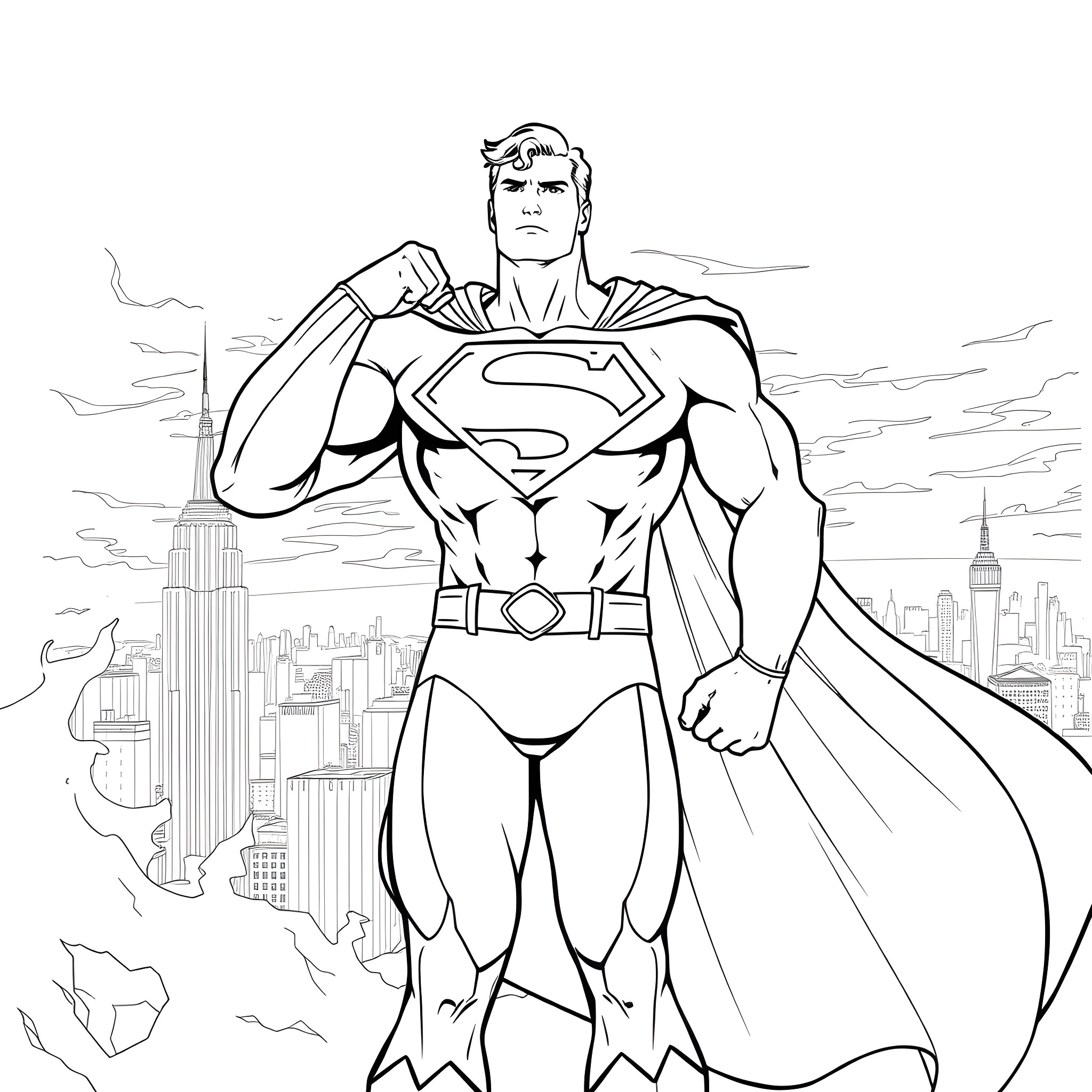 Superman heroically stands over the city skyline Coloring Page (free black-and-white line drawing printable PDF for all, from beginners to advanced learners, including children, teens, adults, and seniors)