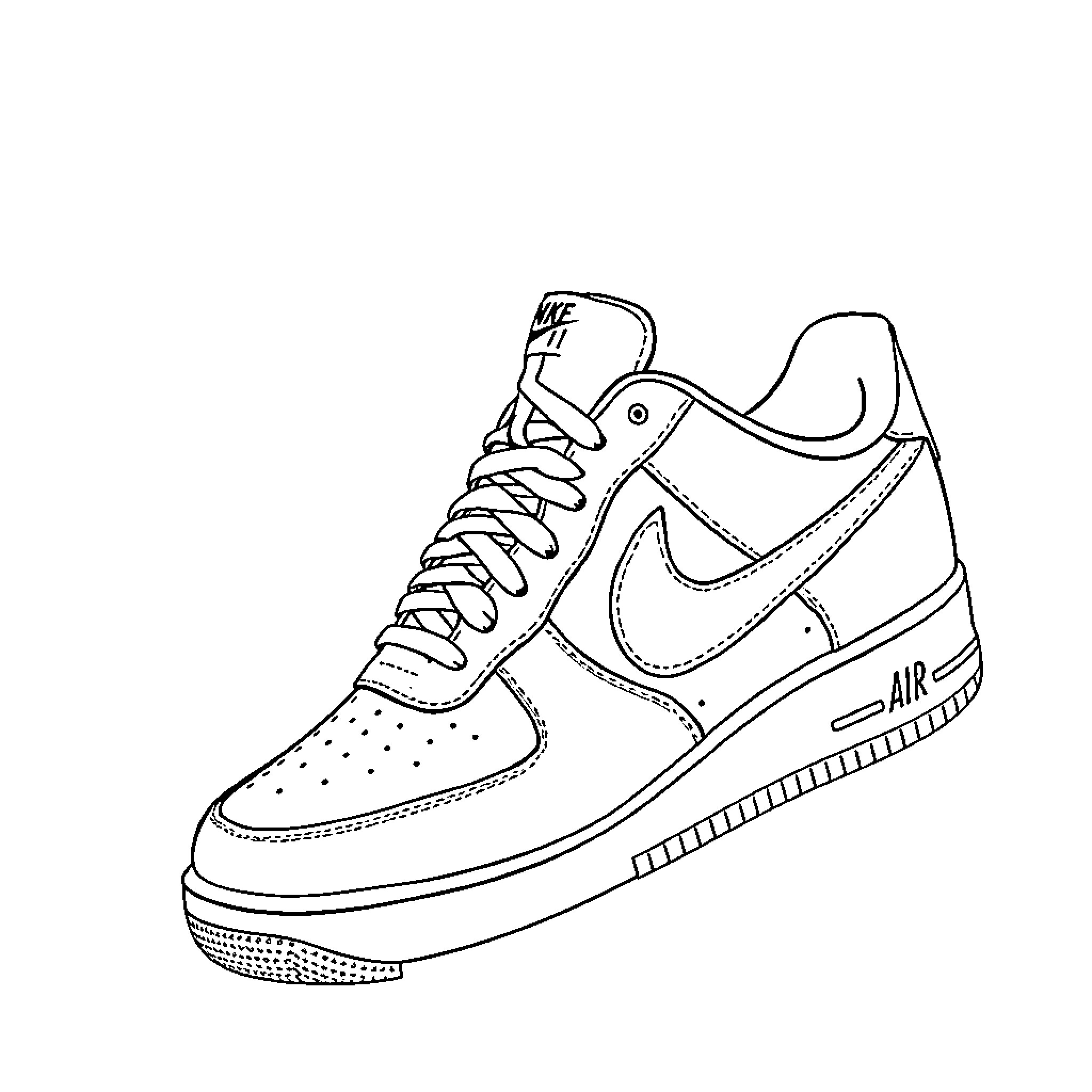 Nike Air Force 1 Shoe Design Sketch Coloring Page (free black-and-white line drawing printable PDF for all, from beginners to advanced learners, including children, teens, adults, and seniors)