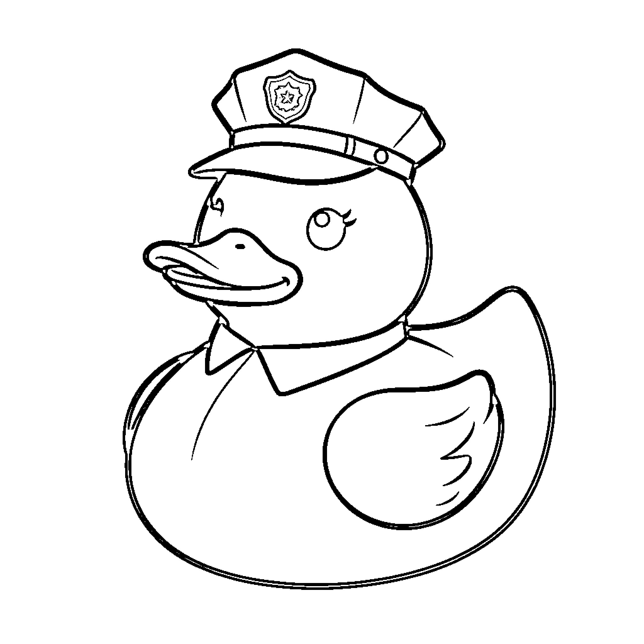 Ducky wearing a police officer hat and uniform Coloring Page (free black-and-white line drawing printable PDF for all, from beginners to advanced learners, including children, teens, adults, and seniors)