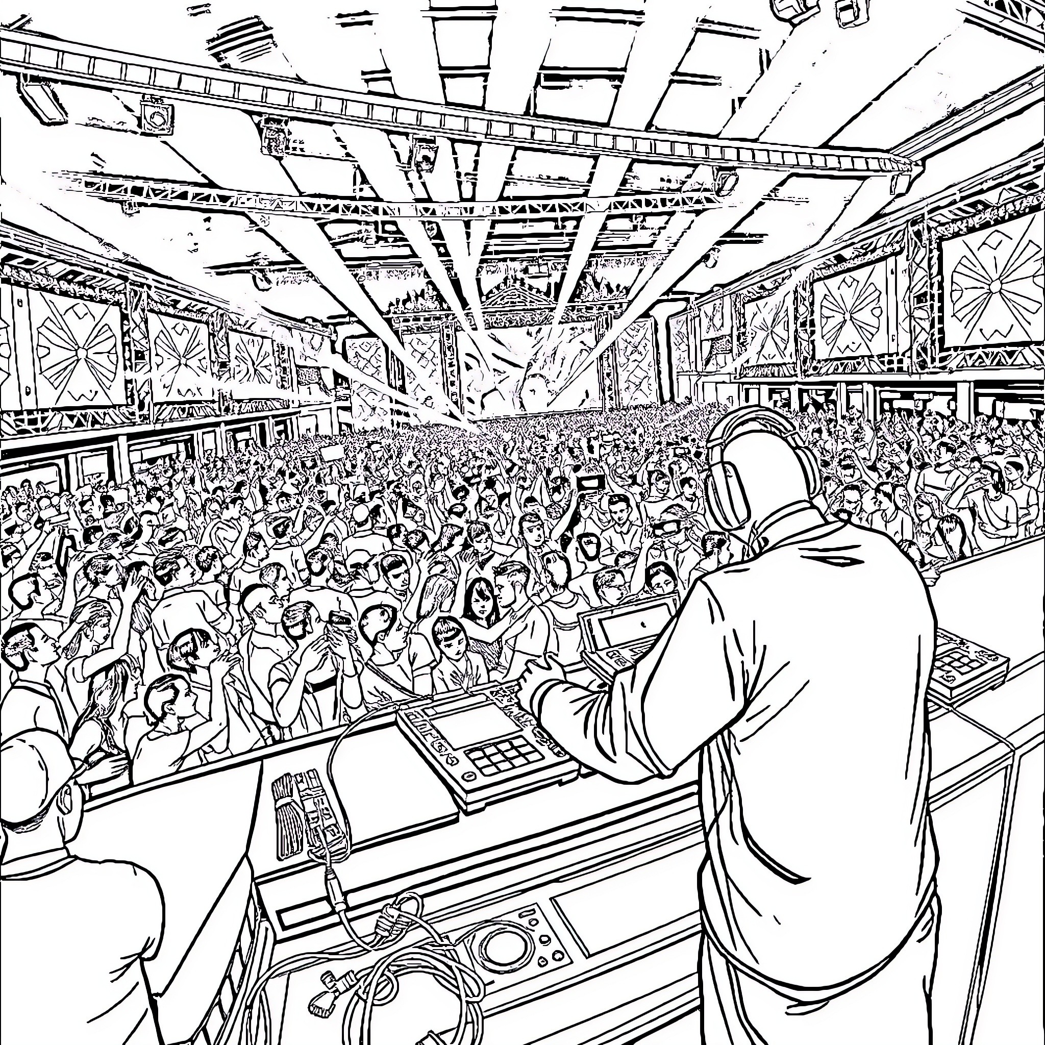 DJ performing on stage for a lively crowd Coloring Page (free black-and-white line drawing printable PDF for all, from beginners to advanced learners, including children, teens, adults, and seniors)