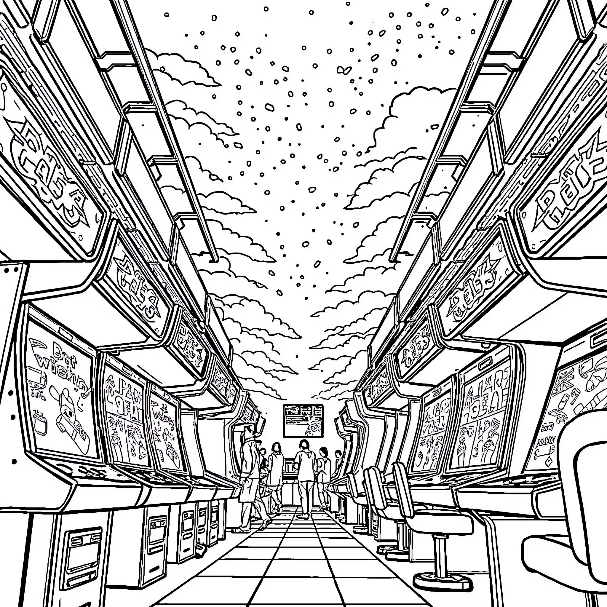 Arcade scene with retro gaming cabinets and starry night Coloring Page (free black-and-white line drawing printable PDF for all, from beginners to advanced learners, including children, teens, adults, and seniors)