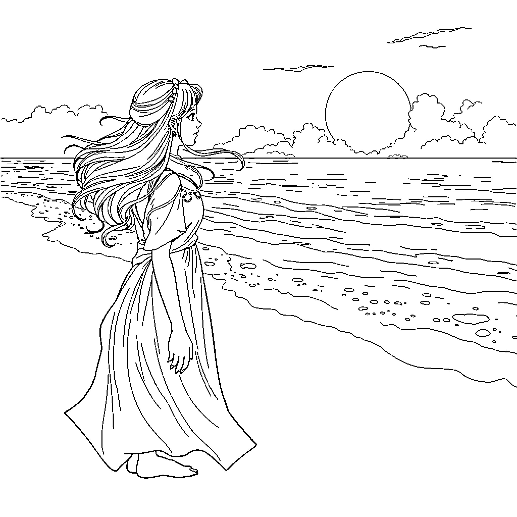 Yuna enjoying a serene stroll along the beach Coloring Page (free black-and-white line drawing printable PDF for all, from beginners to advanced learners, including children, teens, adults, and seniors)