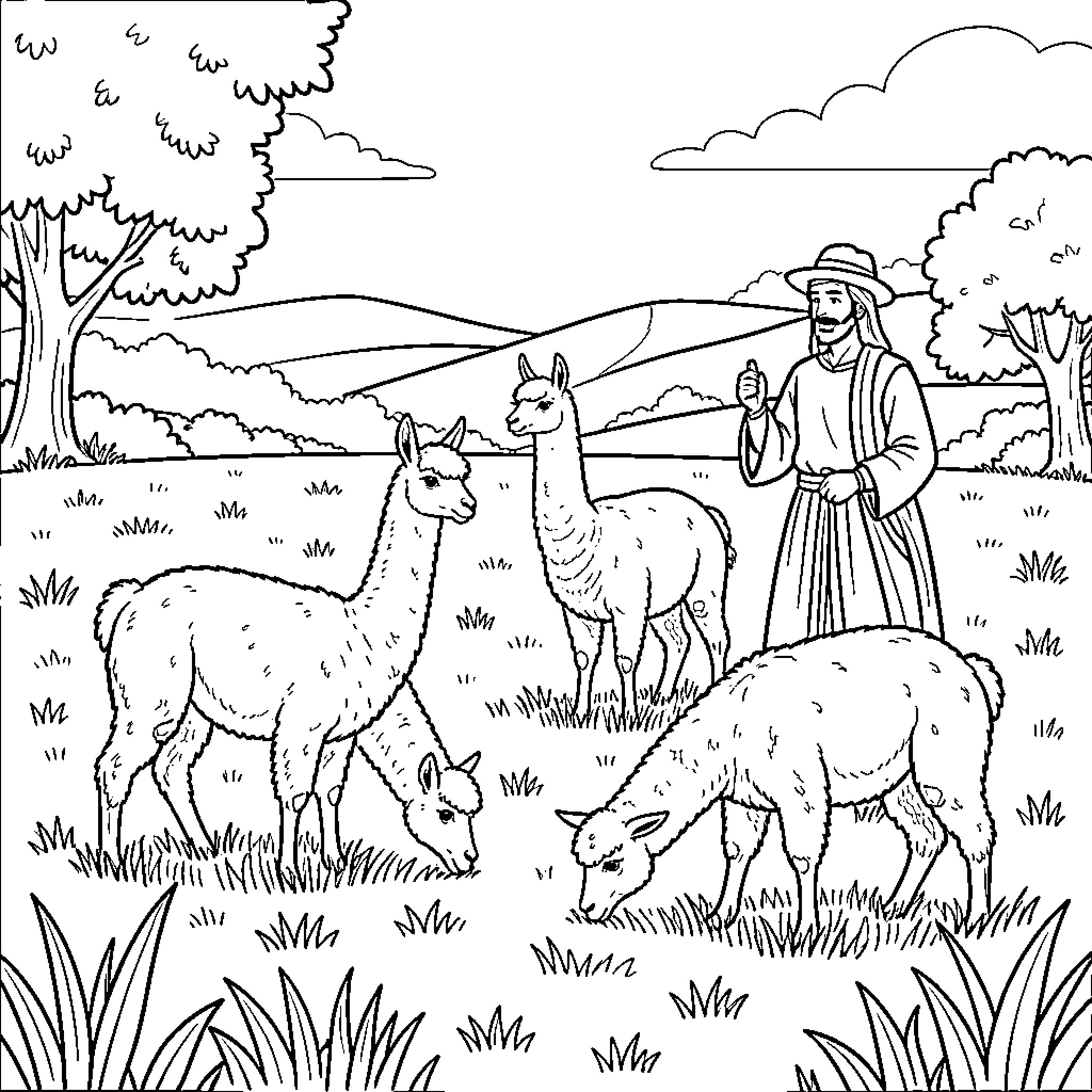 Llamas grazing peacefully with a shepherd in the countryside Coloring Page (free black-and-white line drawing printable PDF for all, from beginners to advanced learners, including children, teens, adults, and seniors)