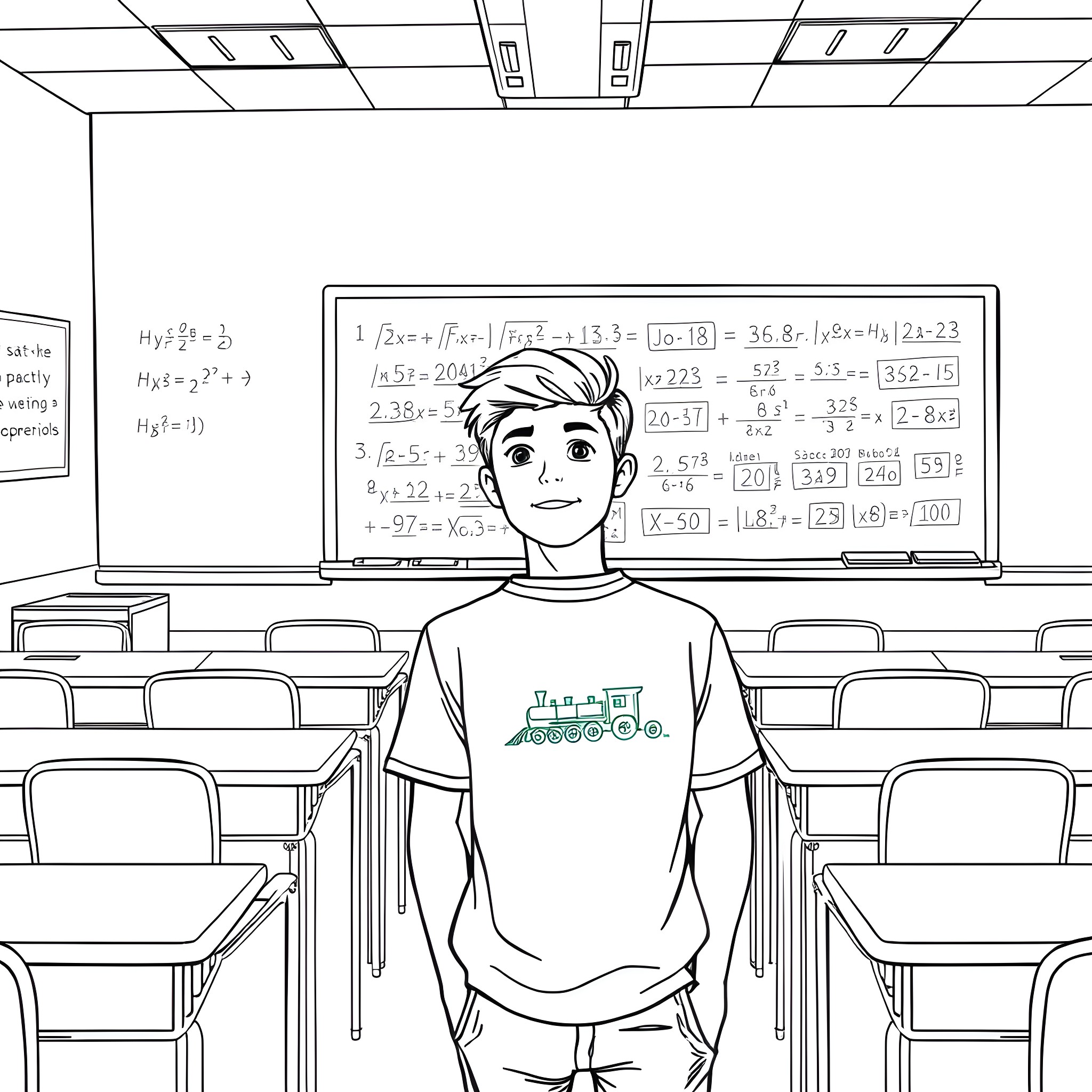 Man in classroom solving math problems on chalkboard Coloring Page (free black-and-white line drawing printable PDF for all, from beginners to advanced learners, including children, teens, adults, and seniors)