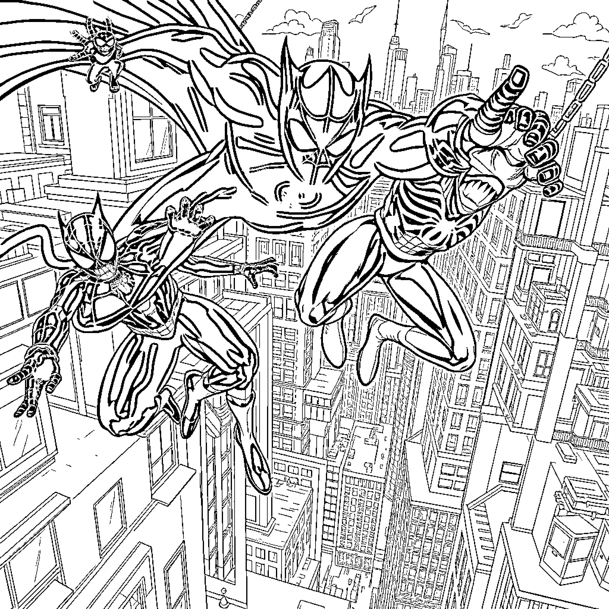 Panther Superhero Soaring Through the City Coloring Page (free black-and-white line drawing printable PDF for all, from beginners to advanced learners, including children, teens, adults, and seniors)