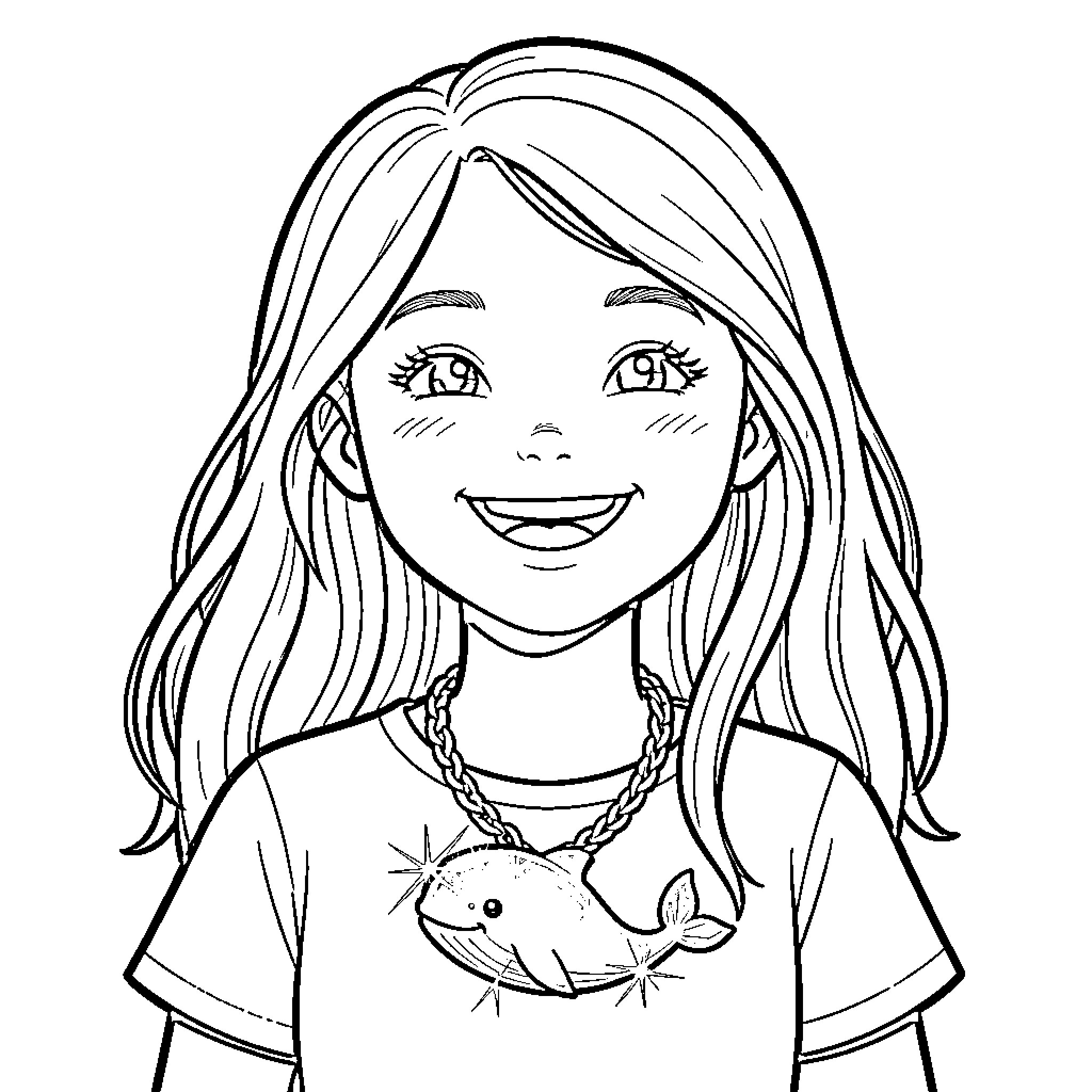 Girl smiling cheerfully with a necklace Coloring Page (free black-and-white line drawing printable PDF for all, from beginners to advanced learners, including children, teens, adults, and seniors)