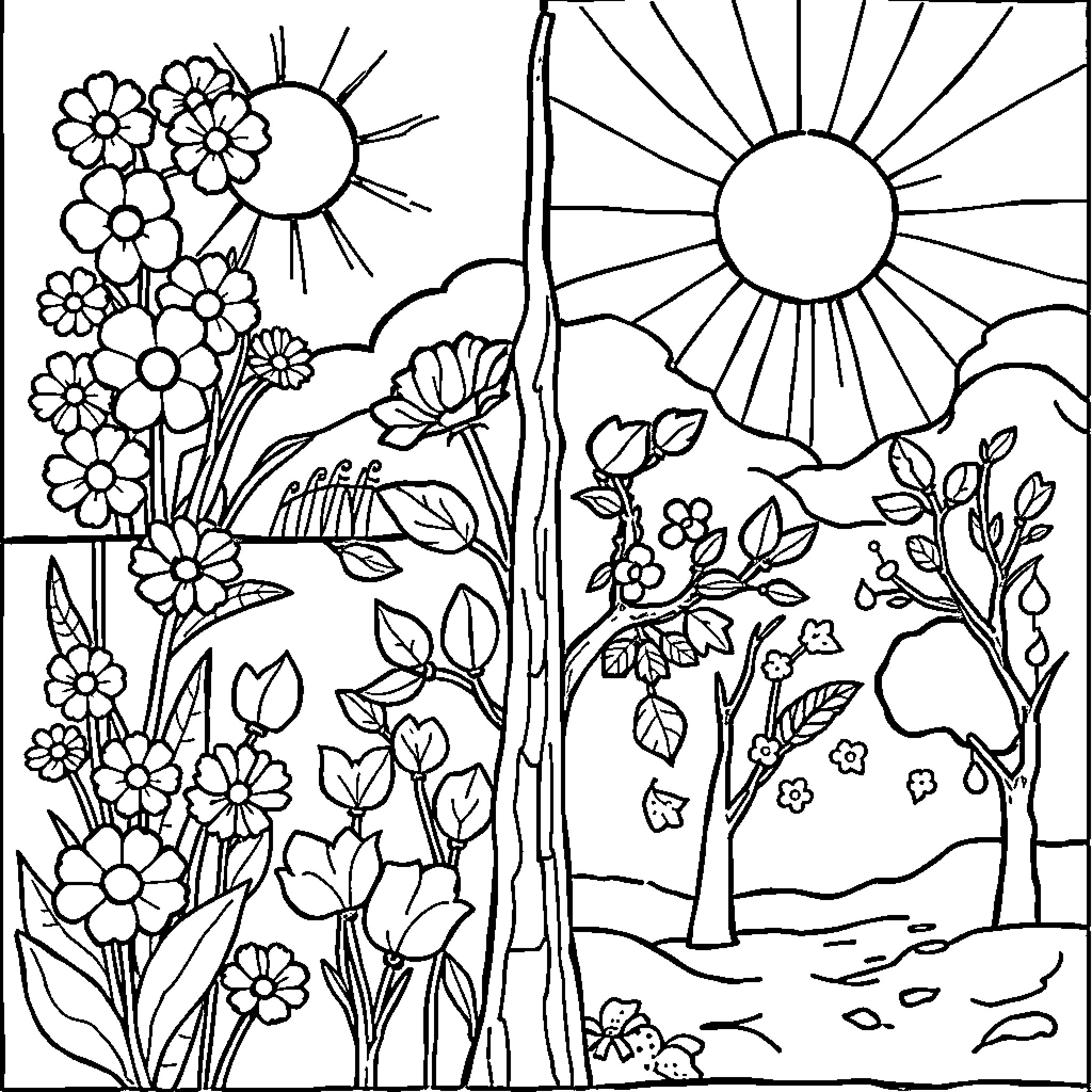 Season of Vibrant Floral Landscape Coloring Page (free black-and-white line drawing printable PDF for all, from beginners to advanced learners, including children, teens, adults, and seniors)