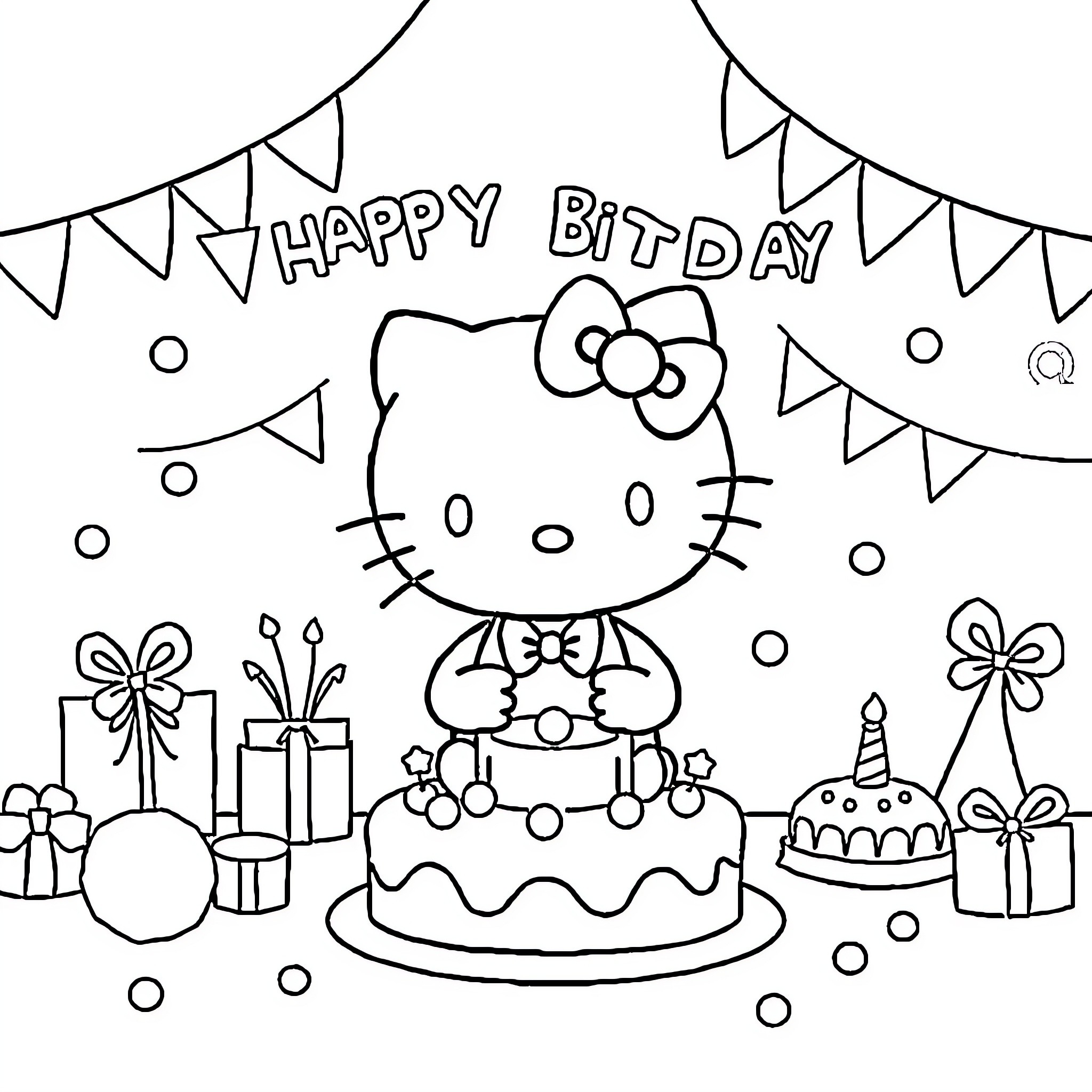 Hello Kitty Celebrates Her Birthday Party Coloring Page (free black-and-white line drawing printable PDF for all, from beginners to advanced learners, including children, teens, adults, and seniors)