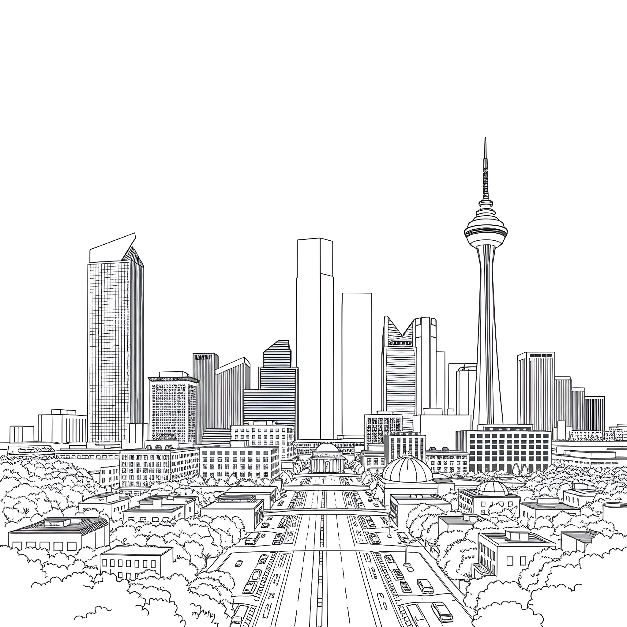 Dallas cityscape with skyscrapers and landmarks Coloring Page (free black-and-white line drawing printable PDF for all, from beginners to advanced learners, including children, teens, adults, and seniors)