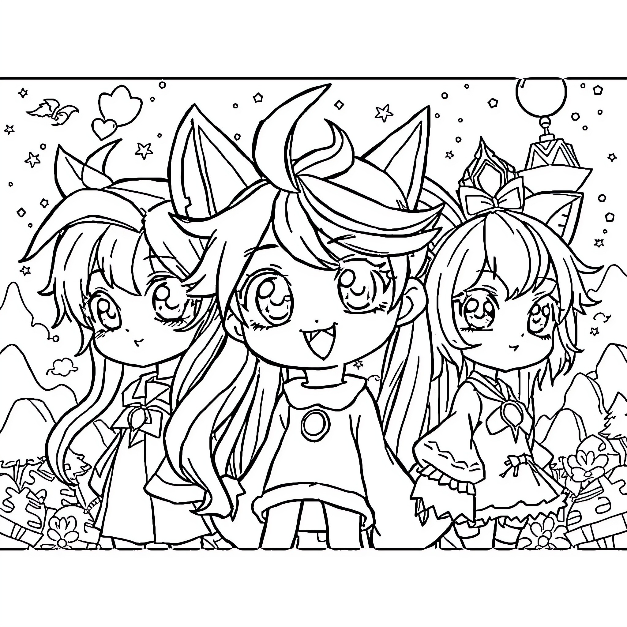 Anime Characters in Whimsical Outdoor Scene Coloring Page (free black-and-white line drawing printable PDF for all, from beginners to advanced learners, including children, teens, adults, and seniors)