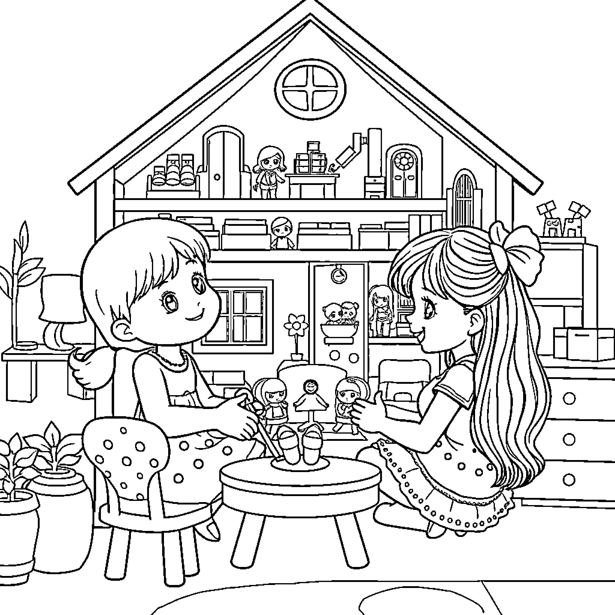 Gabby's Playful Dollhouse Adventure Coloring Page (free black-and-white line drawing printable PDF for all, from beginners to advanced learners, including children, teens, adults, and seniors)