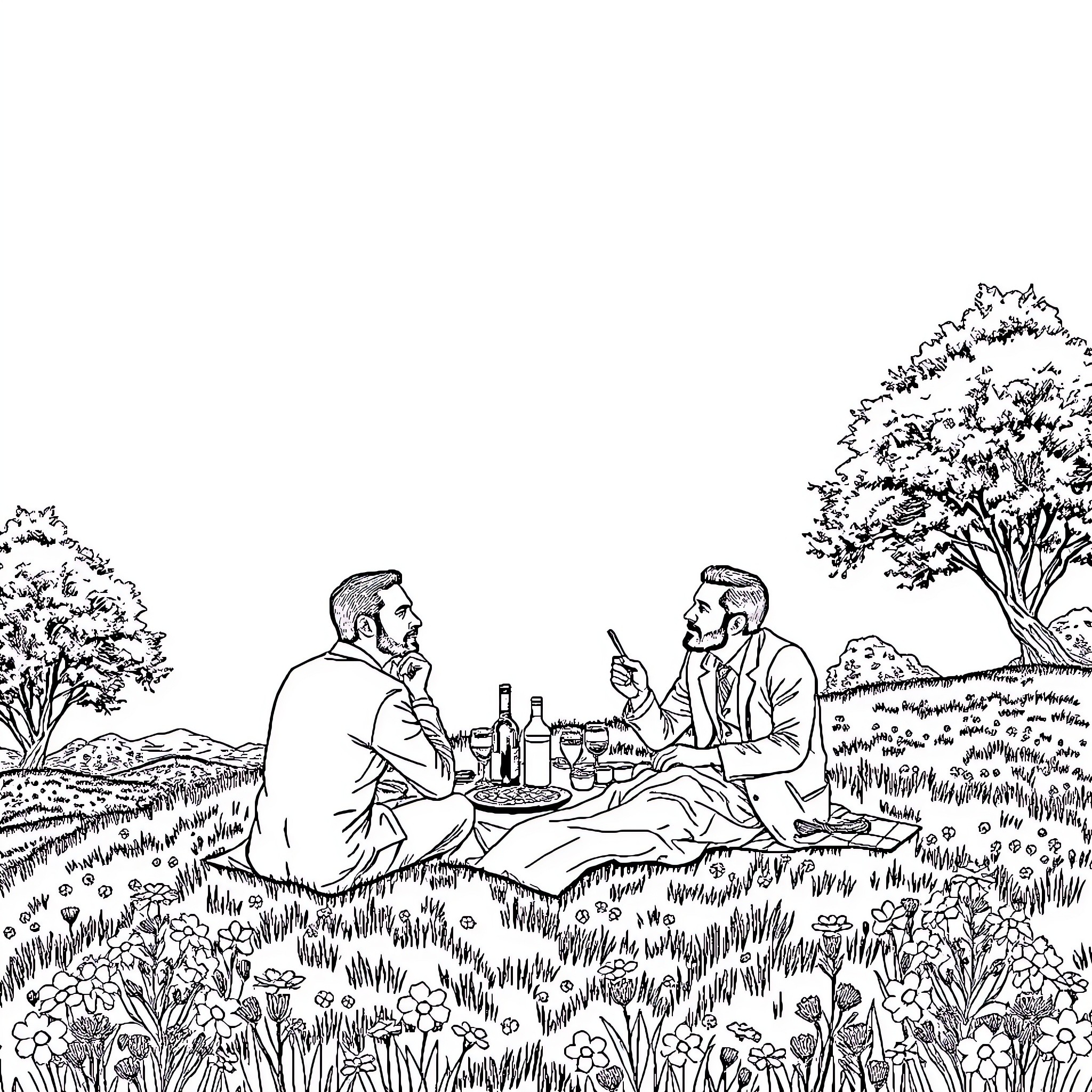 Hannibal Lecter enjoying a picnic with a friend Coloring Page (free black-and-white line drawing printable PDF for all, from beginners to advanced learners, including children, teens, adults, and seniors)