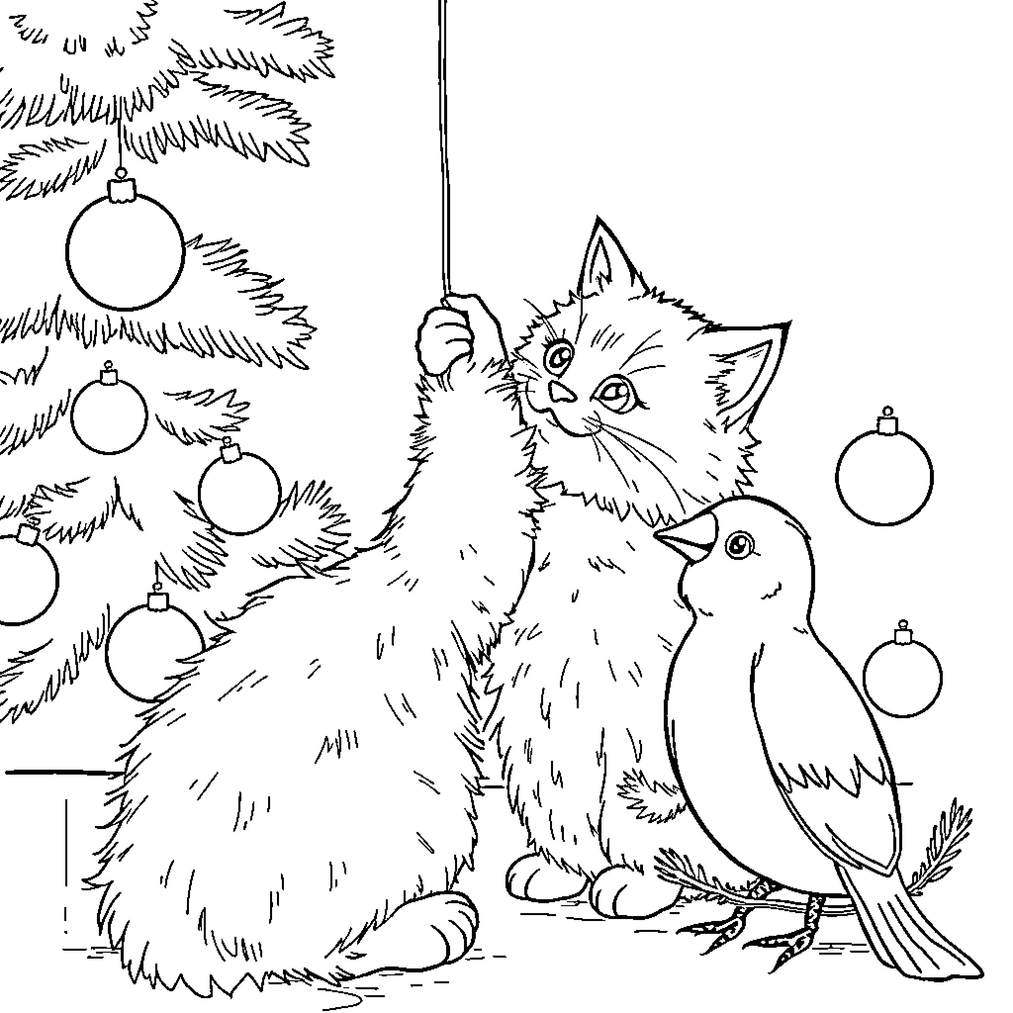 Cat admiring bird near Christmas tree Coloring Page (free black-and-white line drawing printable PDF for all, from beginners to advanced learners, including children, teens, adults, and seniors)