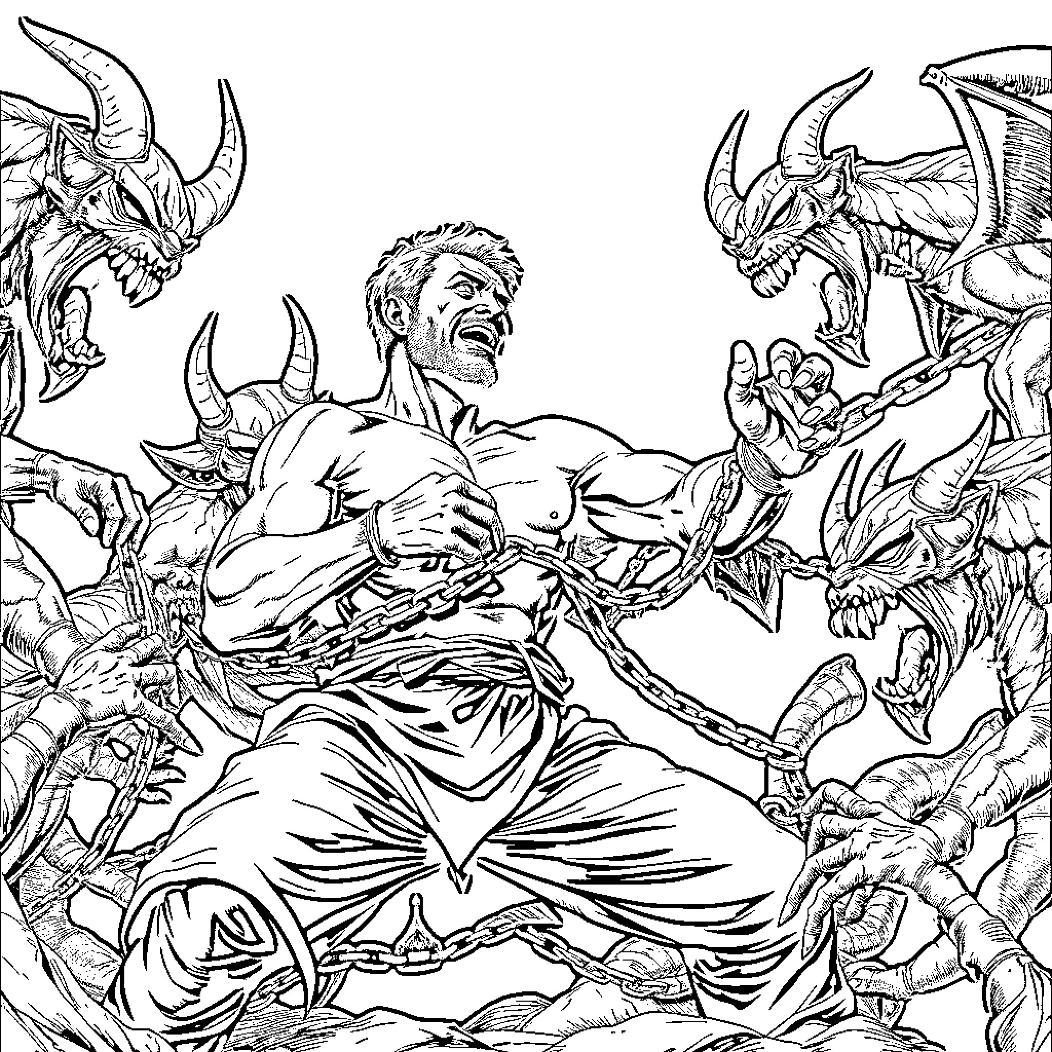 Man facing off against mythical creatures Coloring Page (free black-and-white line drawing printable PDF for all, from beginners to advanced learners, including children, teens, adults, and seniors)