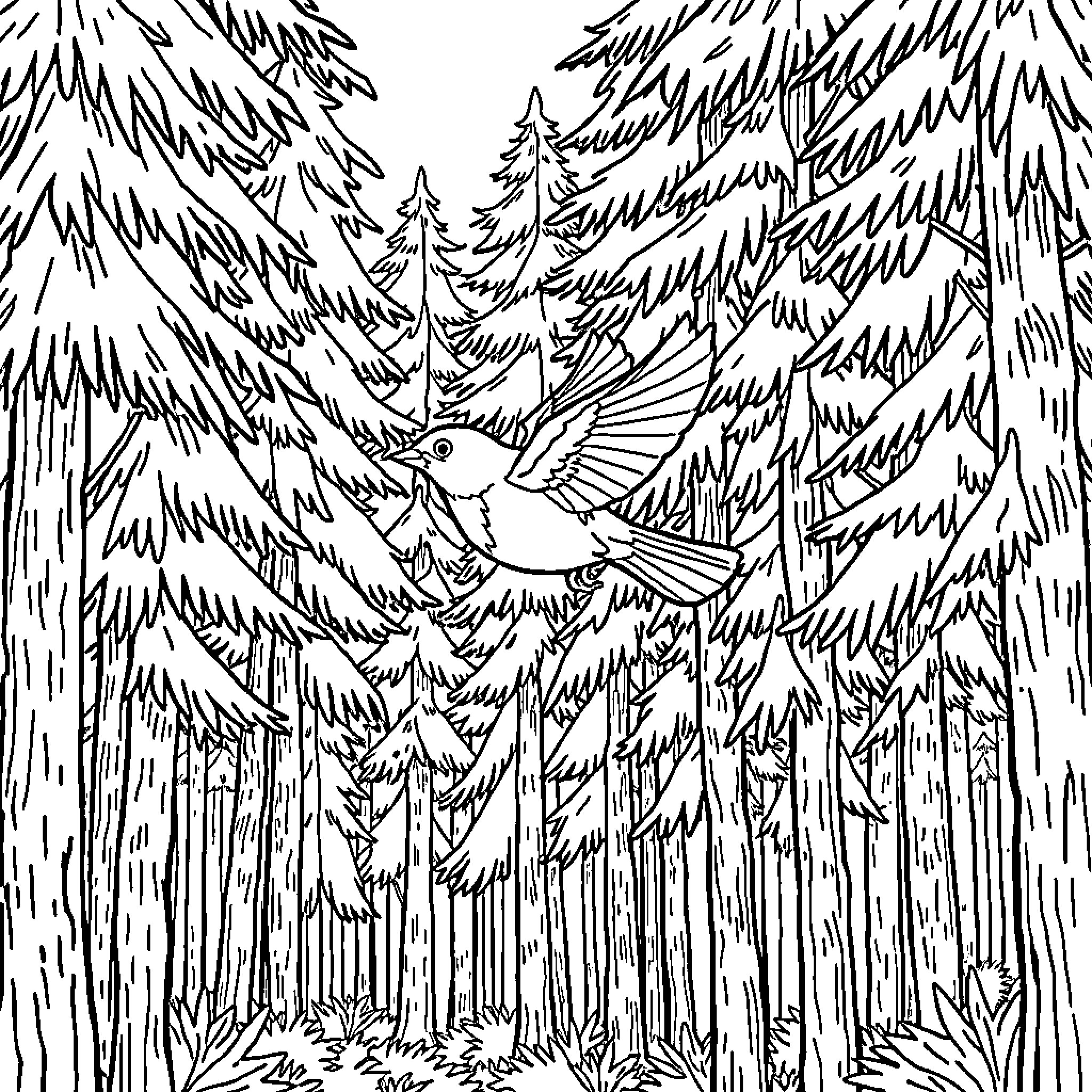 Robin soaring through the enchanted forest Coloring Page (free black-and-white line drawing printable PDF for all, from beginners to advanced learners, including children, teens, adults, and seniors)