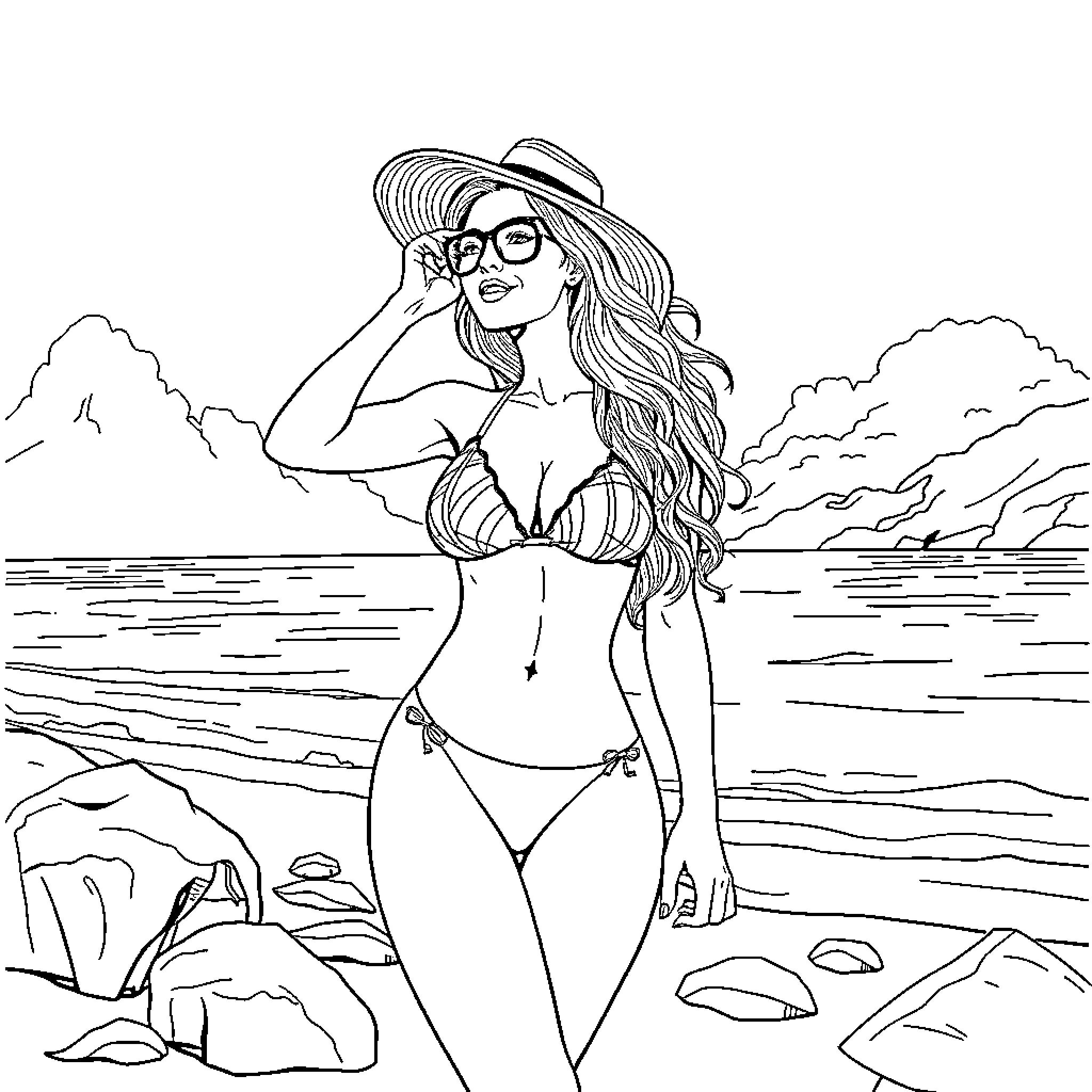 Woman enjoying the beach in a bikini Coloring Page (free black-and-white line drawing printable PDF for all, from beginners to advanced learners, including children, teens, adults, and seniors)