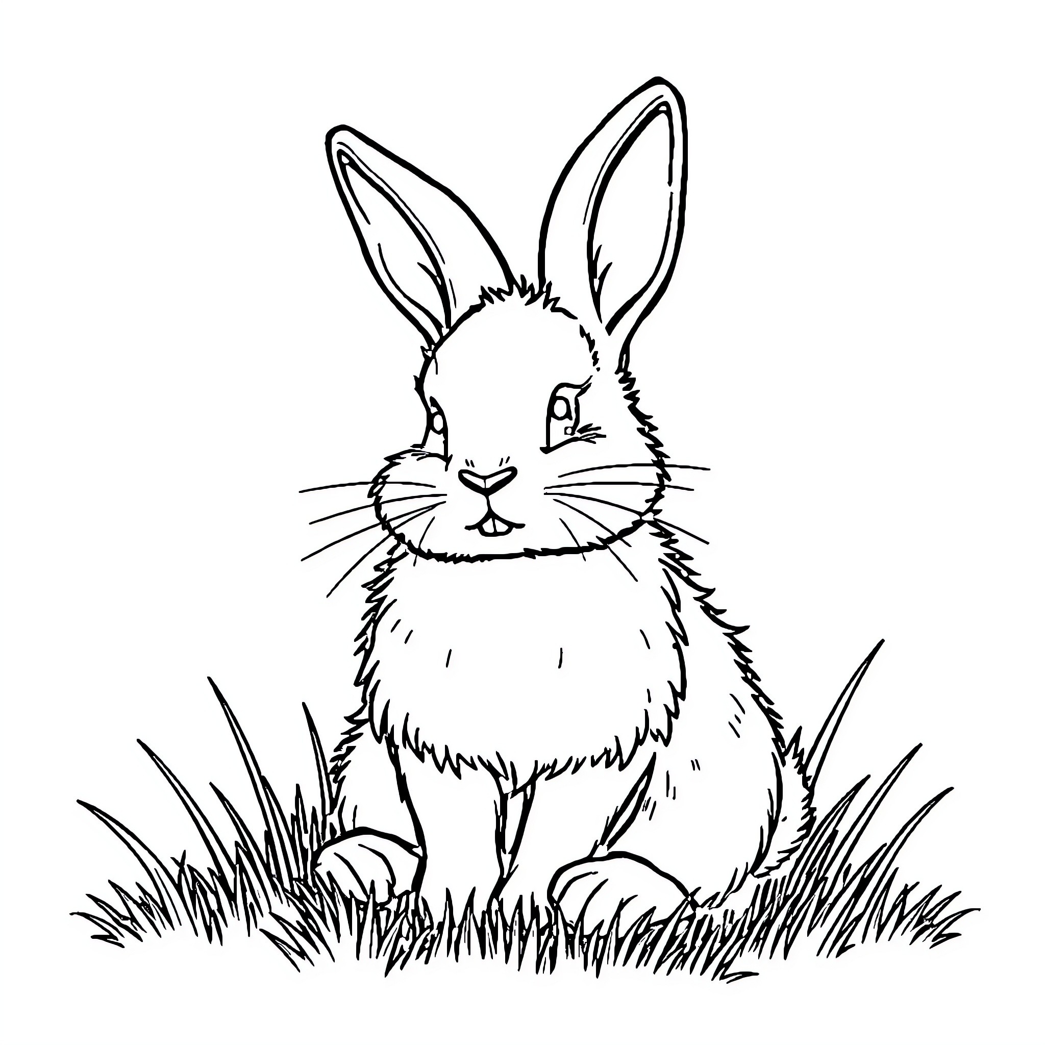 Bunny sitting curiously in the grass Coloring Page (free black-and-white line drawing printable PDF for all, from beginners to advanced learners, including children, teens, adults, and seniors)