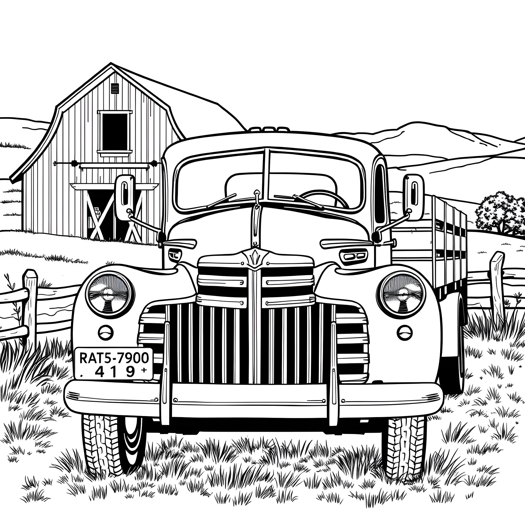 Truck and barn in rural countryside scene Coloring Page (free black-and-white line drawing printable PDF for all, from beginners to advanced learners, including children, teens, adults, and seniors)