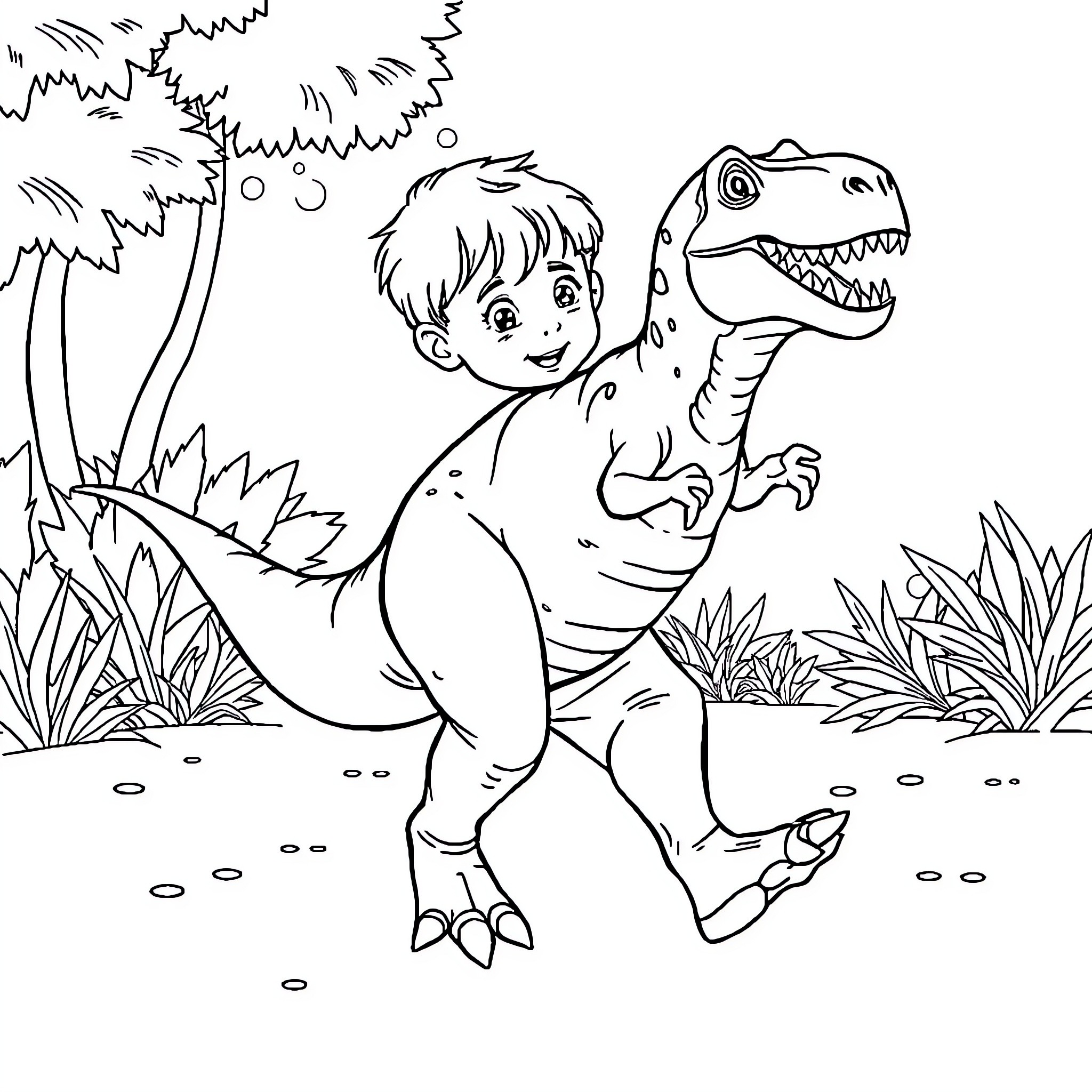 T-Rex and a Friendly Boy Exploring the Jurassic Landscape Coloring Page (free black-and-white line drawing printable PDF for all, from beginners to advanced learners, including children, teens, adults, and seniors)
