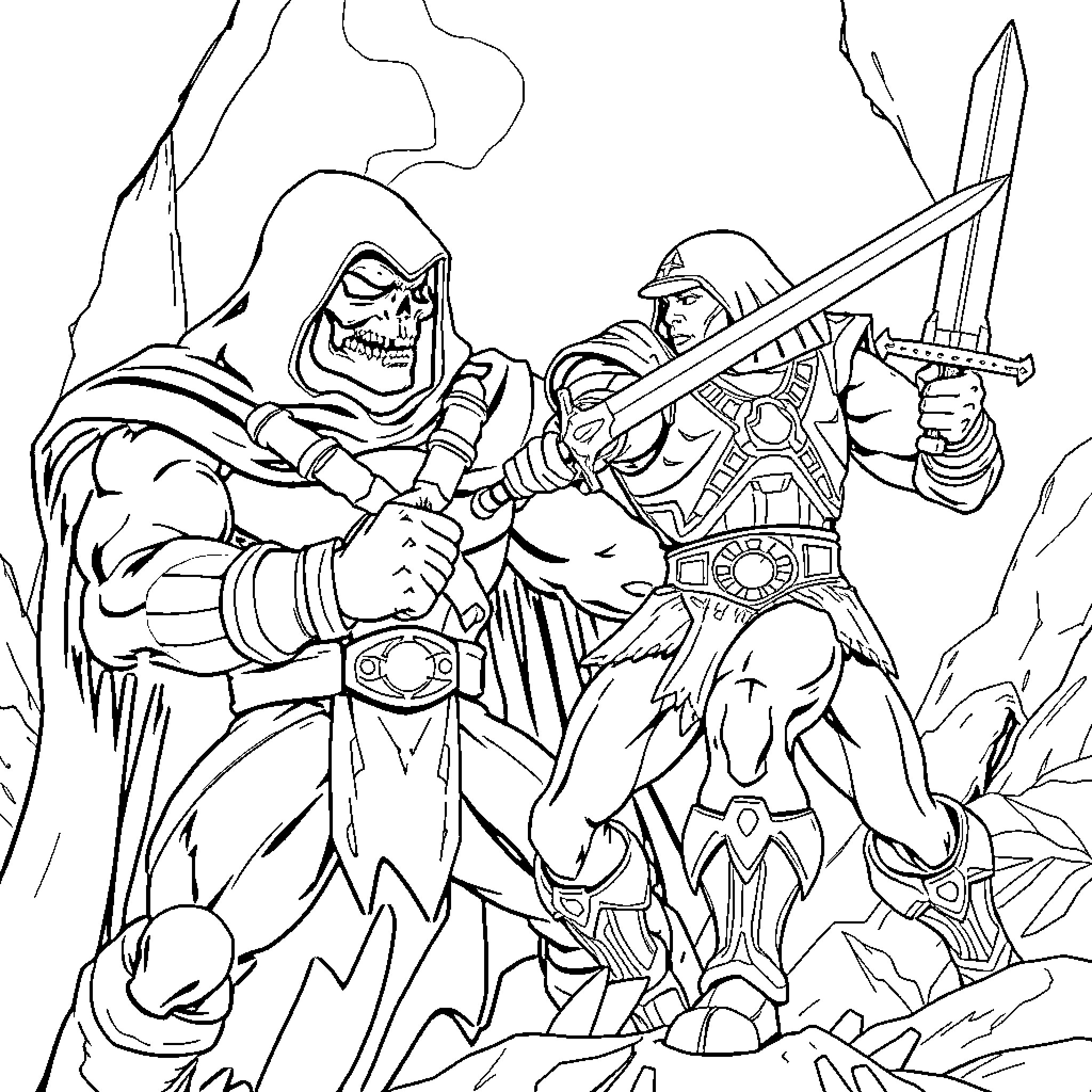 He-Man and Skeletor in epic battle against foes Coloring Page (free black-and-white line drawing printable PDF for all, from beginners to advanced learners, including children, teens, adults, and seniors)