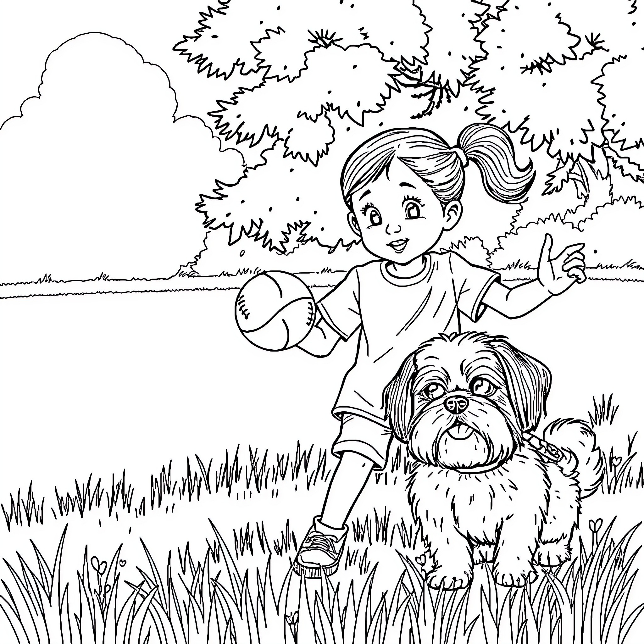 Girl playing with dog in the park Coloring Page (free black-and-white line drawing printable PDF for all, from beginners to advanced learners, including children, teens, adults, and seniors)