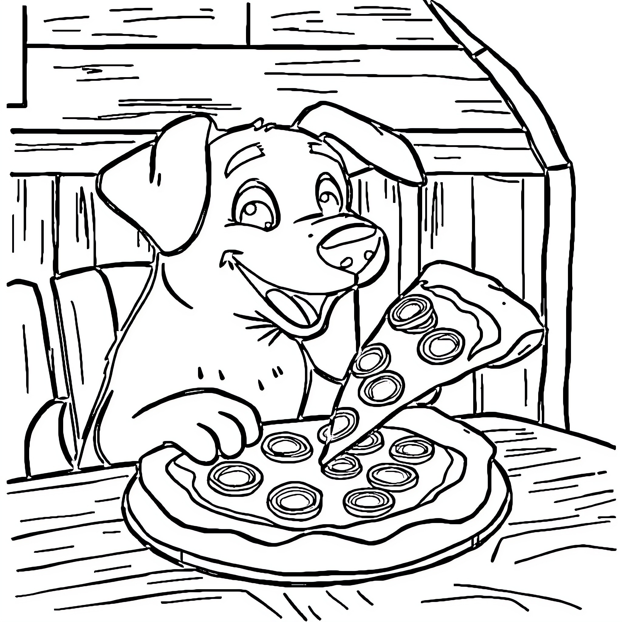 Bluey Enjoys a Delicious Pizza Coloring Page (free black-and-white line drawing printable PDF for all, from beginners to advanced learners, including children, teens, adults, and seniors)