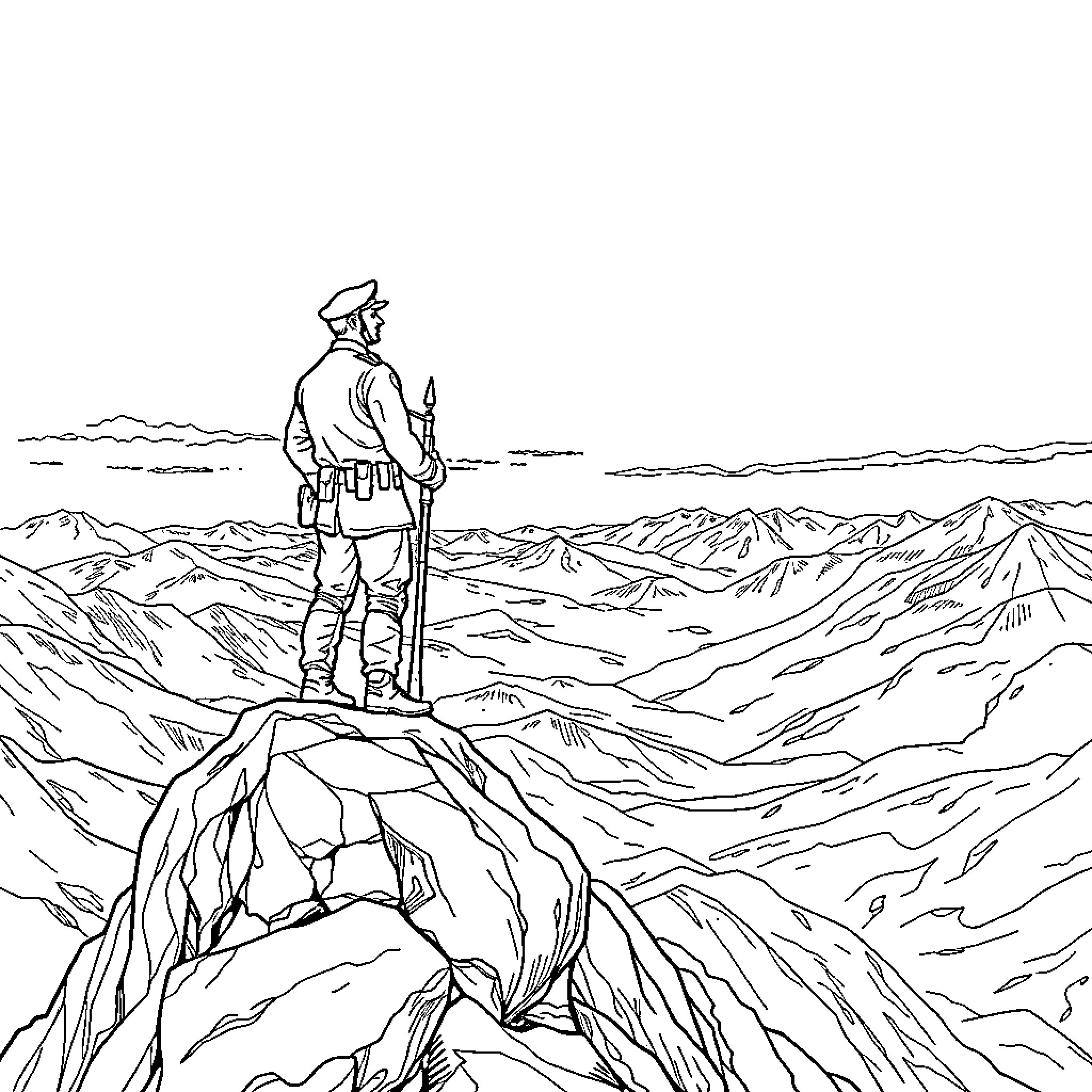 Soldier standing atop a rugged mountain peak Coloring Page (free black-and-white line drawing printable PDF for all, from beginners to advanced learners, including children, teens, adults, and seniors)