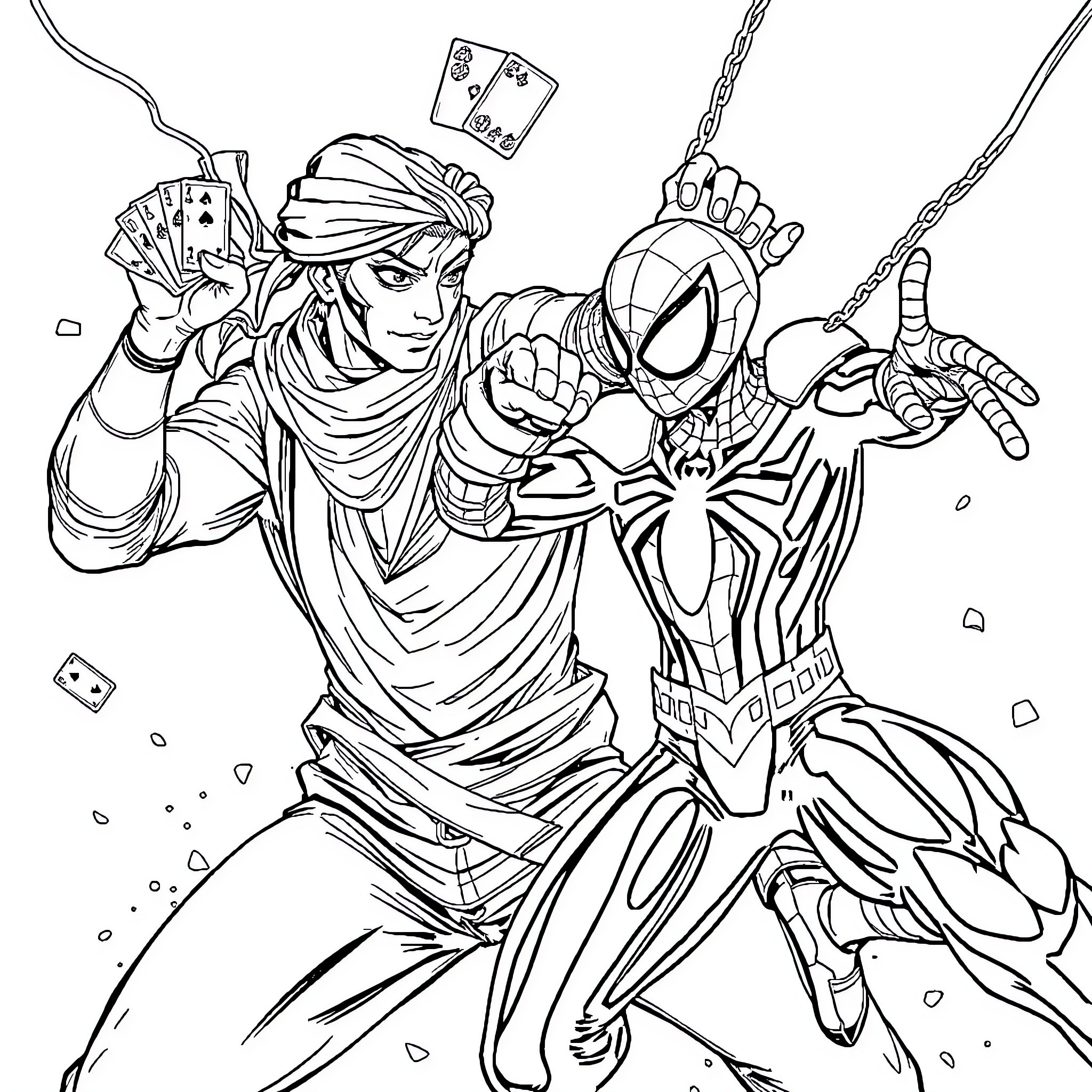 Gambit and Spider-Man in Action Coloring Page (free black-and-white line drawing printable PDF for all, from beginners to advanced learners, including children, teens, adults, and seniors)