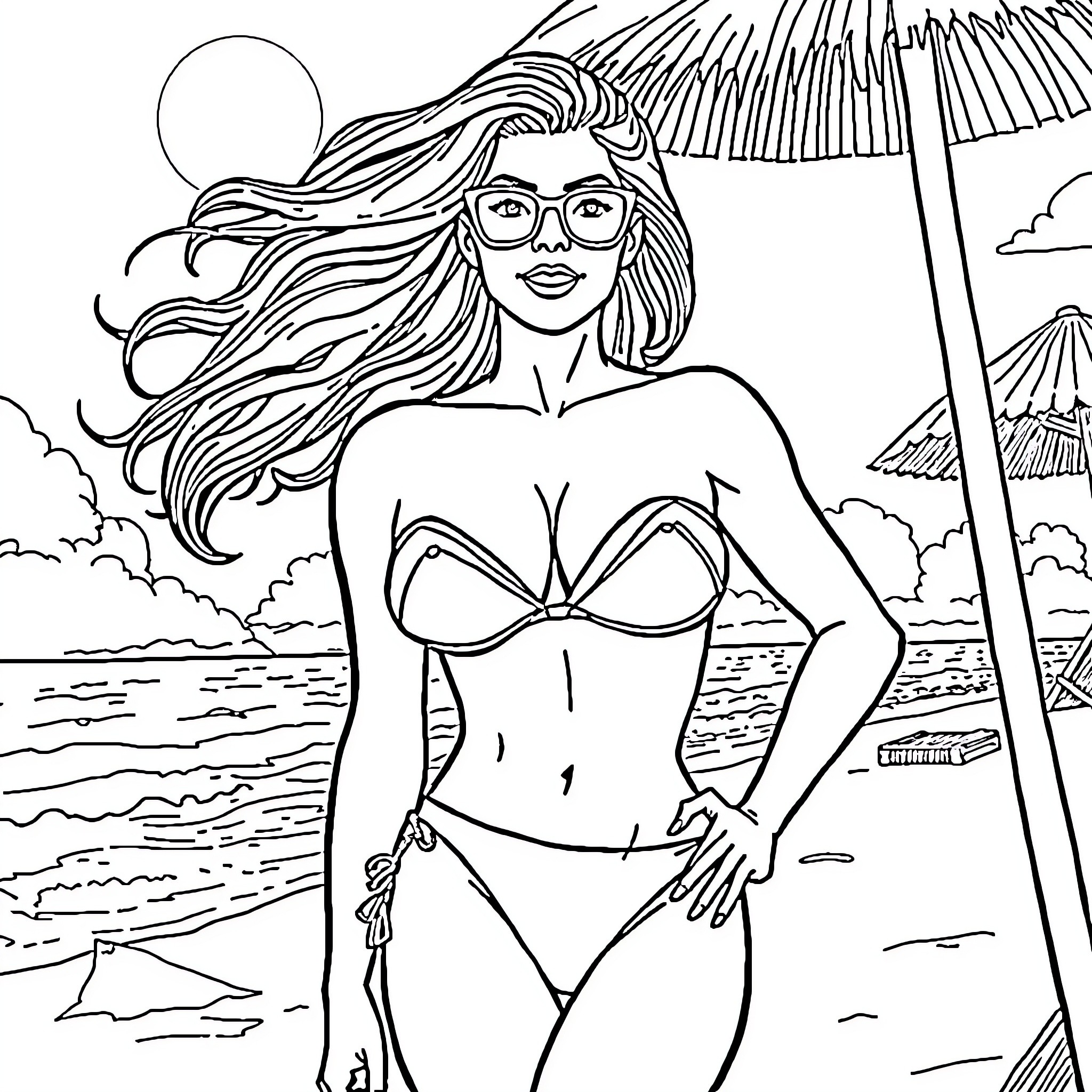 Supergirl enjoying a day at the beach Coloring Page (free black-and-white line drawing printable PDF for all, from beginners to advanced learners, including children, teens, adults, and seniors)