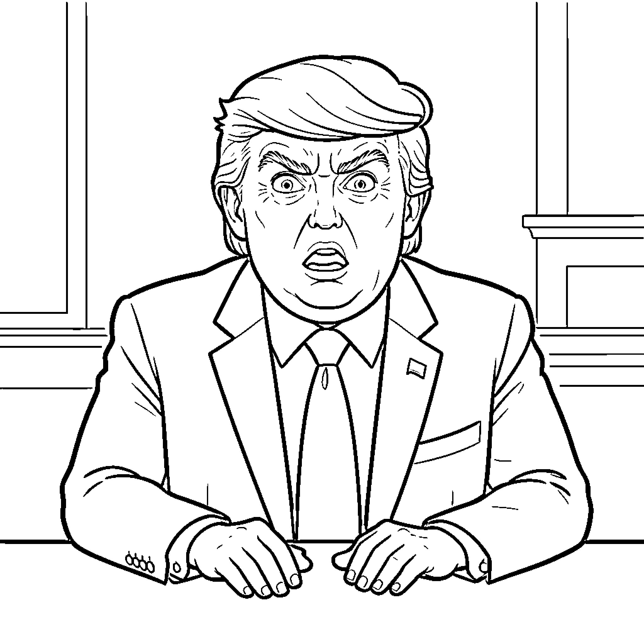 Trump with an angry and surprised expression Coloring Page (free black-and-white line drawing printable PDF for all, from beginners to advanced learners, including children, teens, adults, and seniors)
