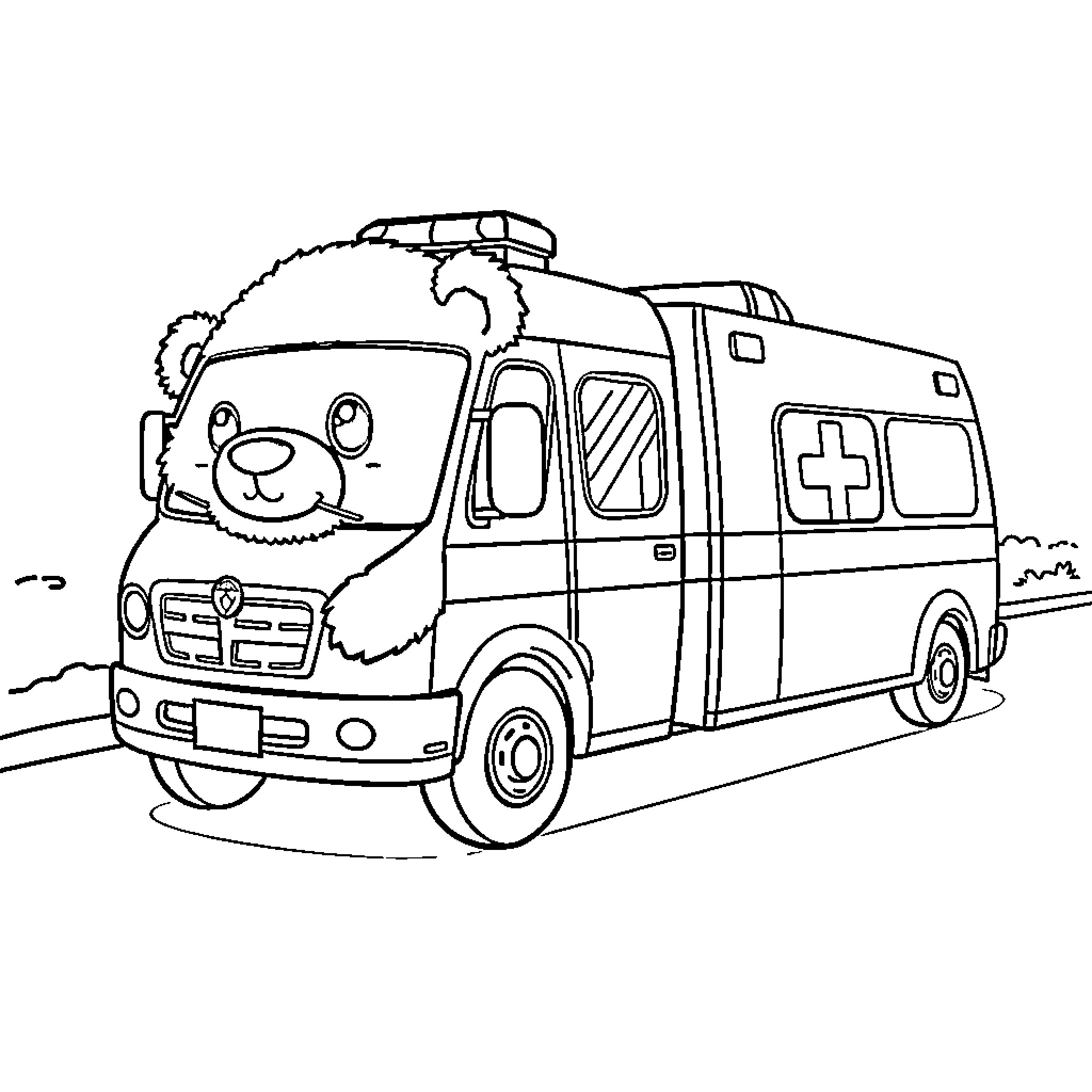 Bear driving an ambulance with medical equipment Coloring Page (free black-and-white line drawing printable PDF for all, from beginners to advanced learners, including children, teens, adults, and seniors)