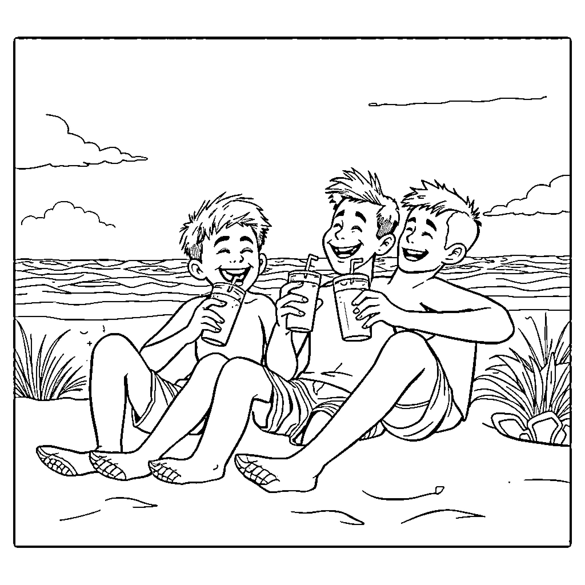 Boys enjoying cold treats at the beach Coloring Page (free black-and-white line drawing printable PDF for all, from beginners to advanced learners, including children, teens, adults, and seniors)