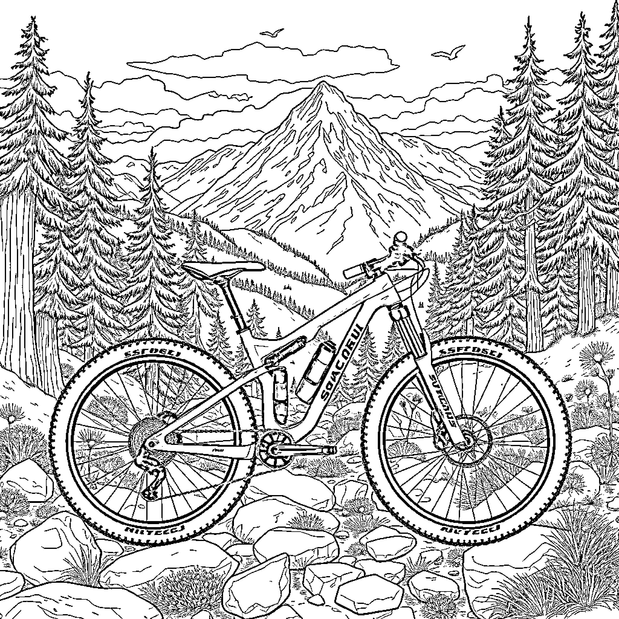 Bike Riding Through Majestic Mountain Landscape Coloring Page (free black-and-white line drawing printable PDF for all, from beginners to advanced learners, including children, teens, adults, and seniors)