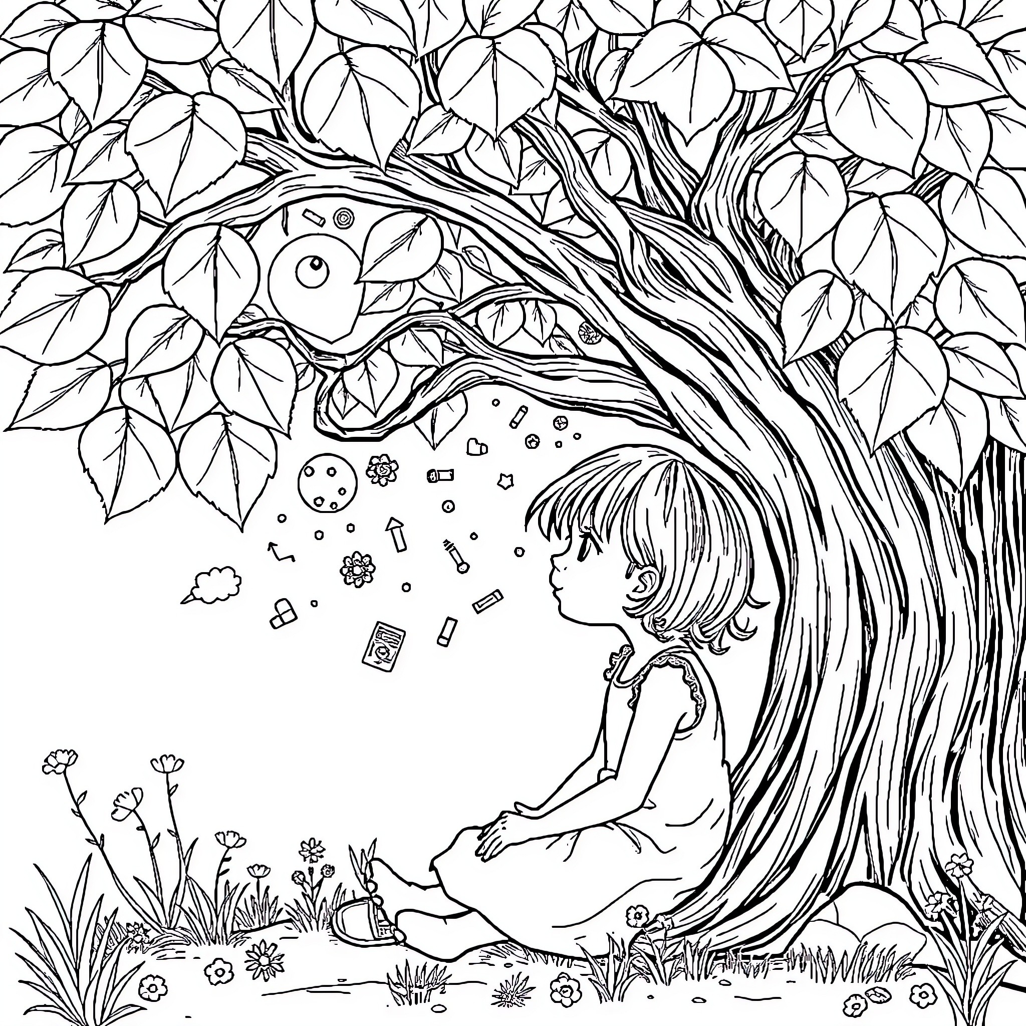 Girl exploring the enchanted forest Coloring Page (free black-and-white line drawing printable PDF for all, from beginners to advanced learners, including children, teens, adults, and seniors)