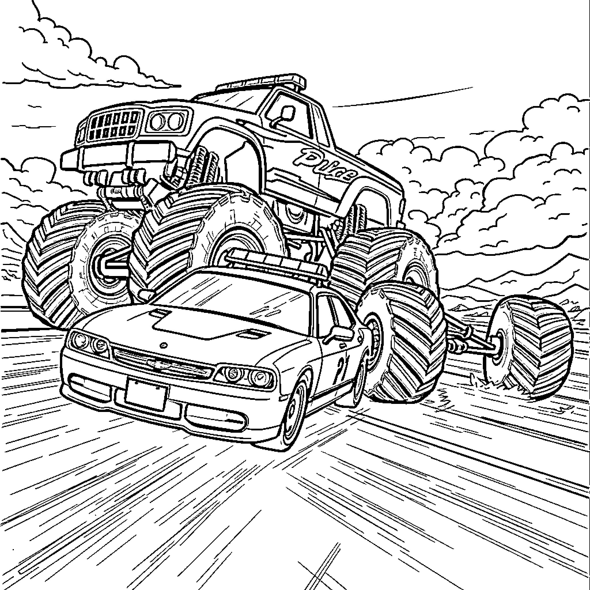 Police Car Chasing Monster Truck on a Dirt Road Coloring Page (free black-and-white line drawing printable PDF for all, from beginners to advanced learners, including children, teens, adults, and seniors)