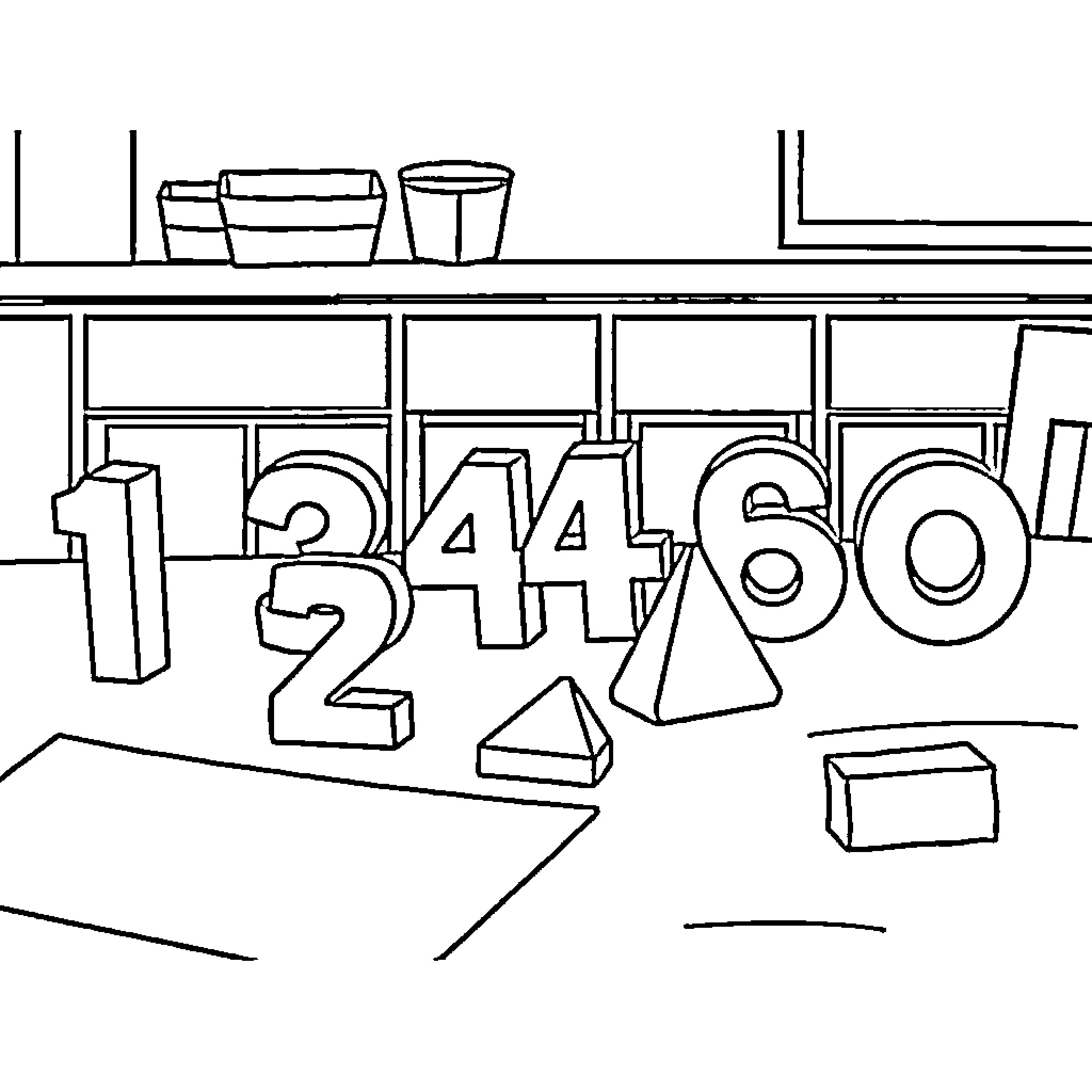 Numicon shapes and numbers in classroom scene Coloring Page (free black-and-white line drawing printable PDF for all, from beginners to advanced learners, including children, teens, adults, and seniors)