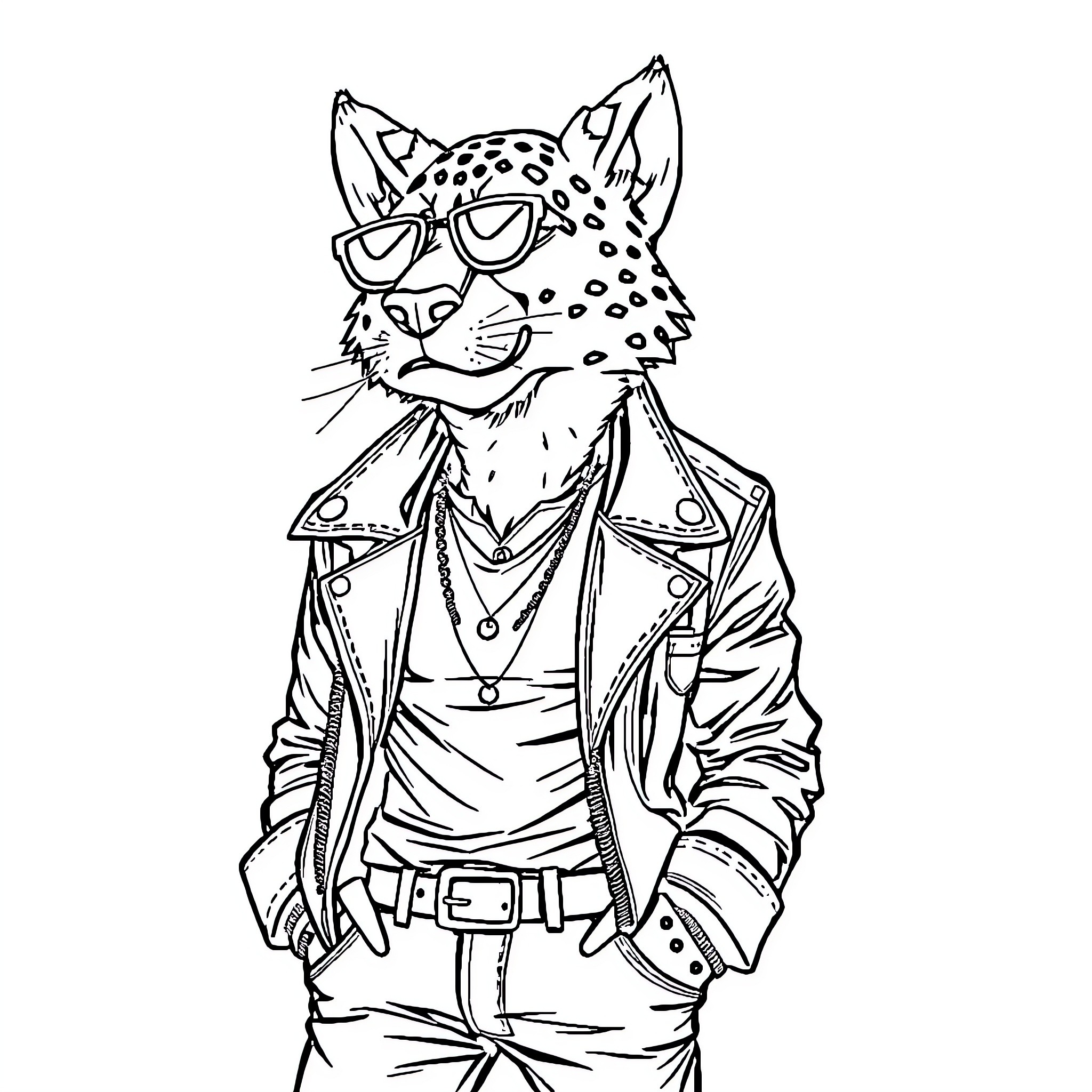 Cheetah dressed in stylish outfit Coloring Page (free black-and-white line drawing printable PDF for all, from beginners to advanced learners, including children, teens, adults, and seniors)
