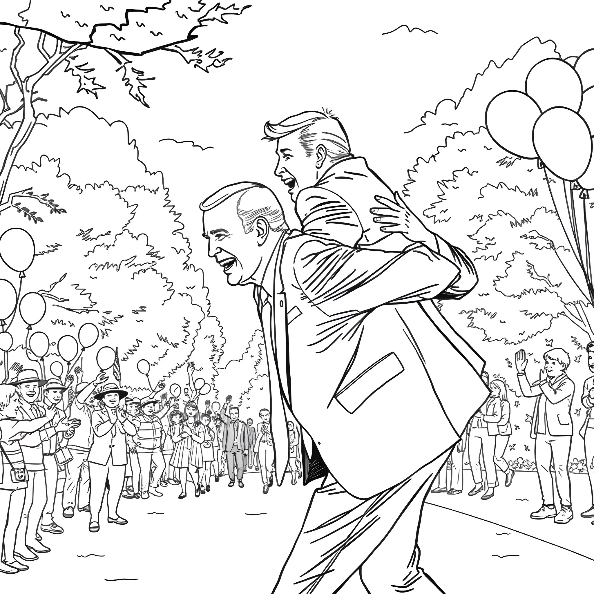 Donald Trump waving to supporters at a campaign rally Coloring Page (free black-and-white line drawing printable PDF for all, from beginners to advanced learners, including children, teens, adults, and seniors)