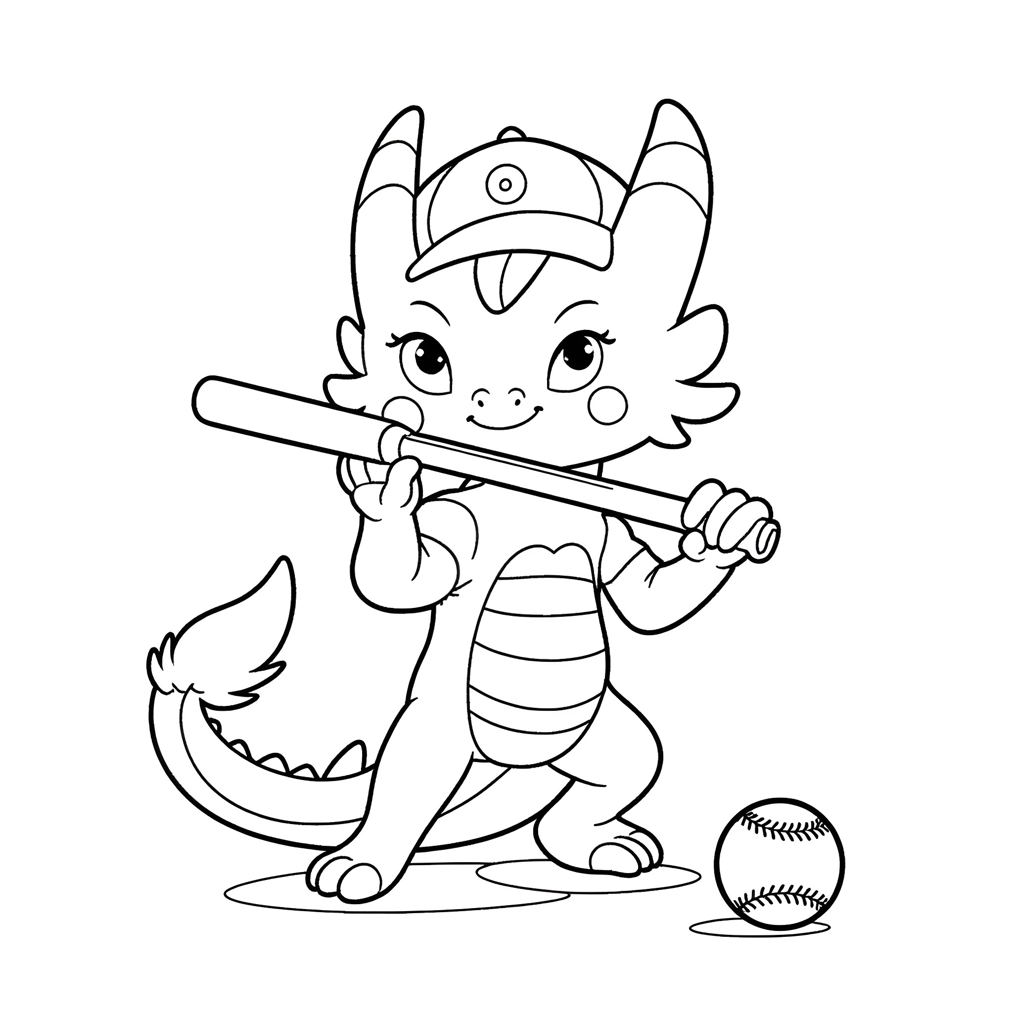 Toothless monster playing with a baseball bat Coloring Page (free black-and-white line drawing printable PDF for all, from beginners to advanced learners, including children, teens, adults, and seniors)