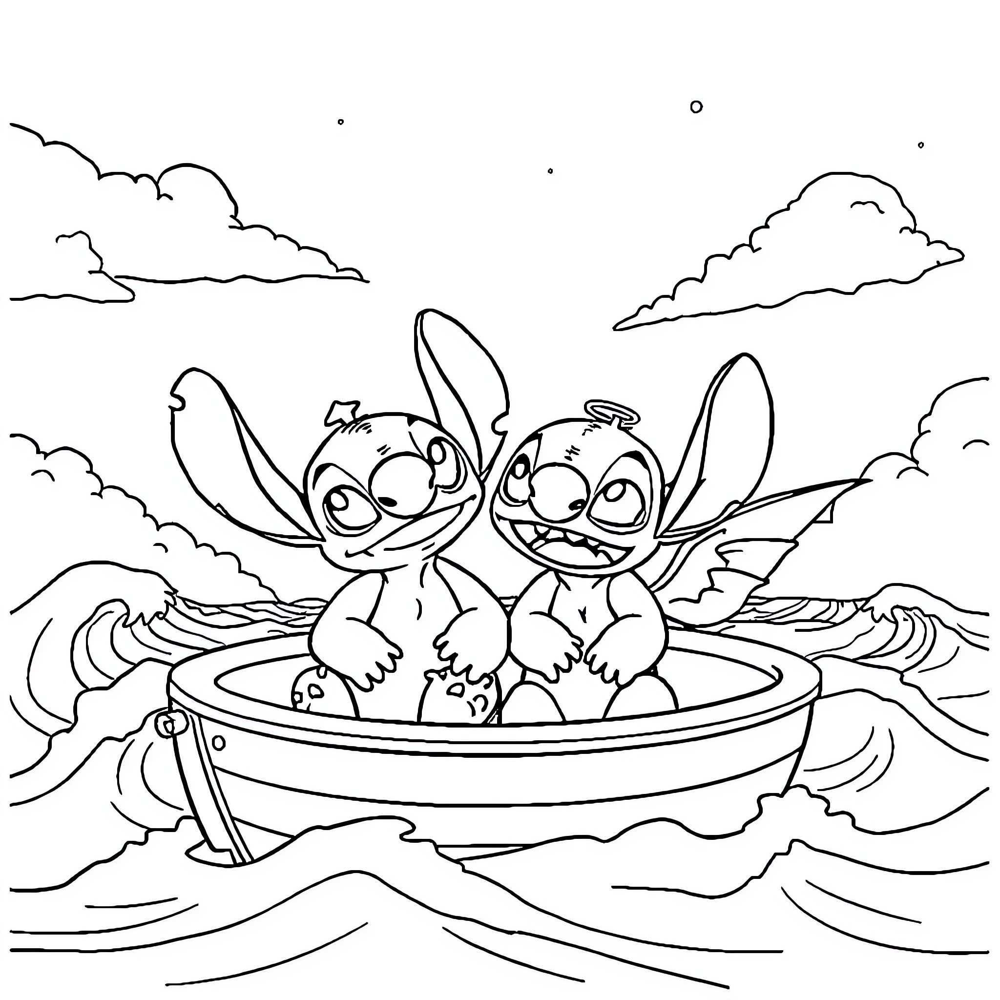 Stitch and Friends Sailing on the Sea Coloring Page (free black-and-white line drawing printable PDF for all, from beginners to advanced learners, including children, teens, adults, and seniors)